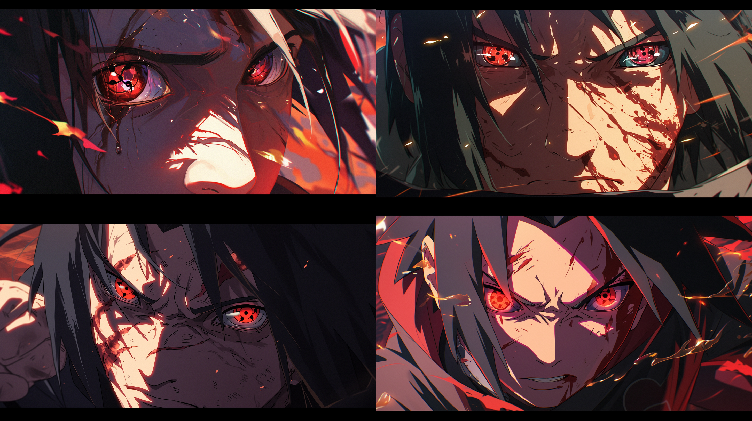 佐助释放写轮眼，脸部特写，清晰细节，插画，2d风格，暗色调，动作凝固，眼神锐利，忍者，战斗氛围。 动画艺术 干净背景 极限特写 特写 鱼眼视角 红黑 琥珀 刚玉 电影灯光 午夜 低调照明