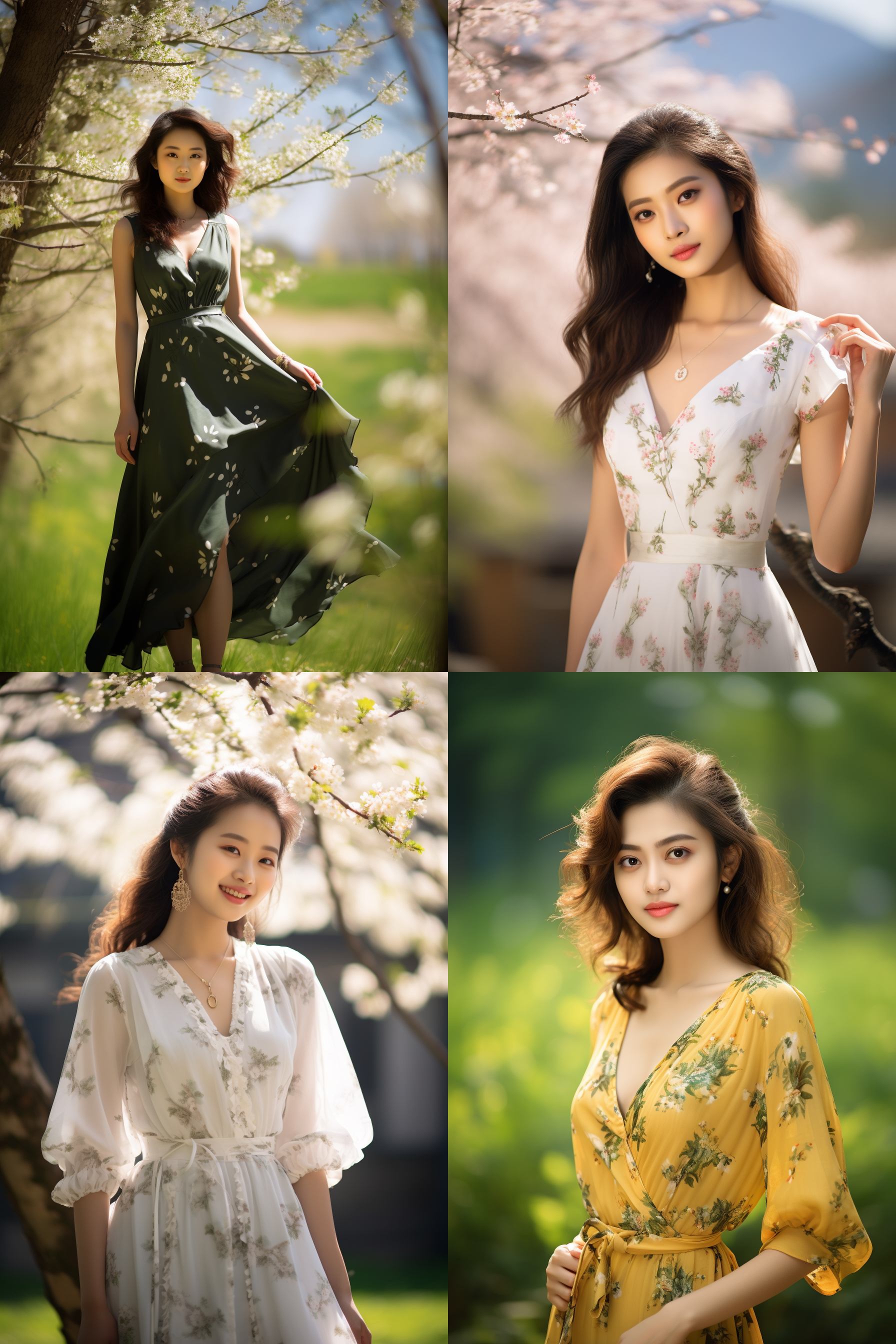 中国女孩，套裙服饰，春日摄影，明亮光线， 清新自然，户外风景，肖像模式，中焦镜头，自然姿态，