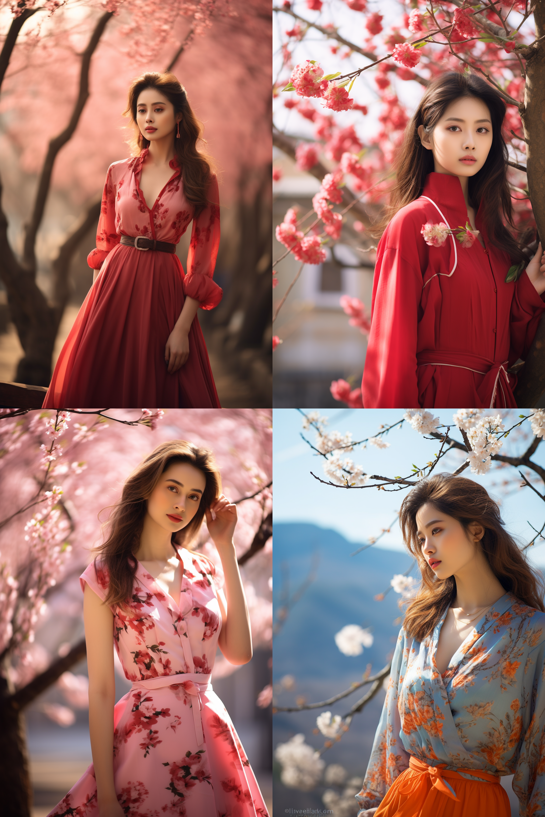 中国女孩，套裙服饰，春日摄影，明亮光线， 清新自然，户外风景，肖像模式，中焦镜头，自然姿态，