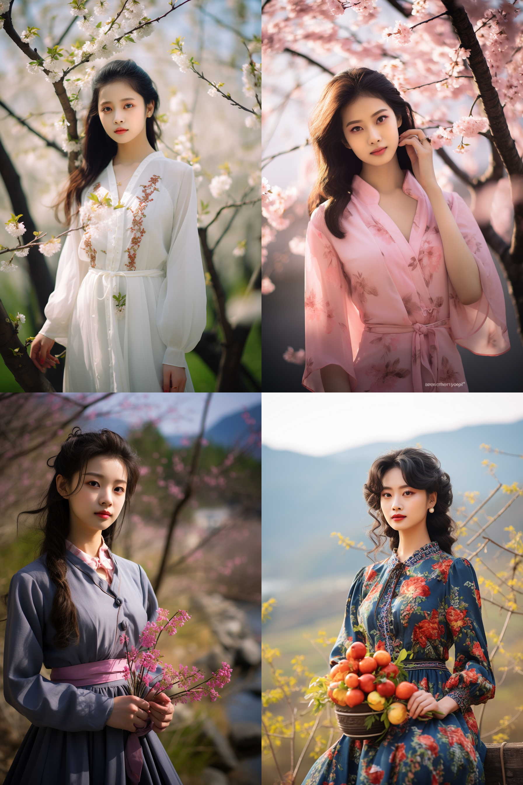 中国女孩，套裙服饰，春日摄影，明亮光线， 清新自然，户外风景，肖像模式，中焦镜头，自然姿态，