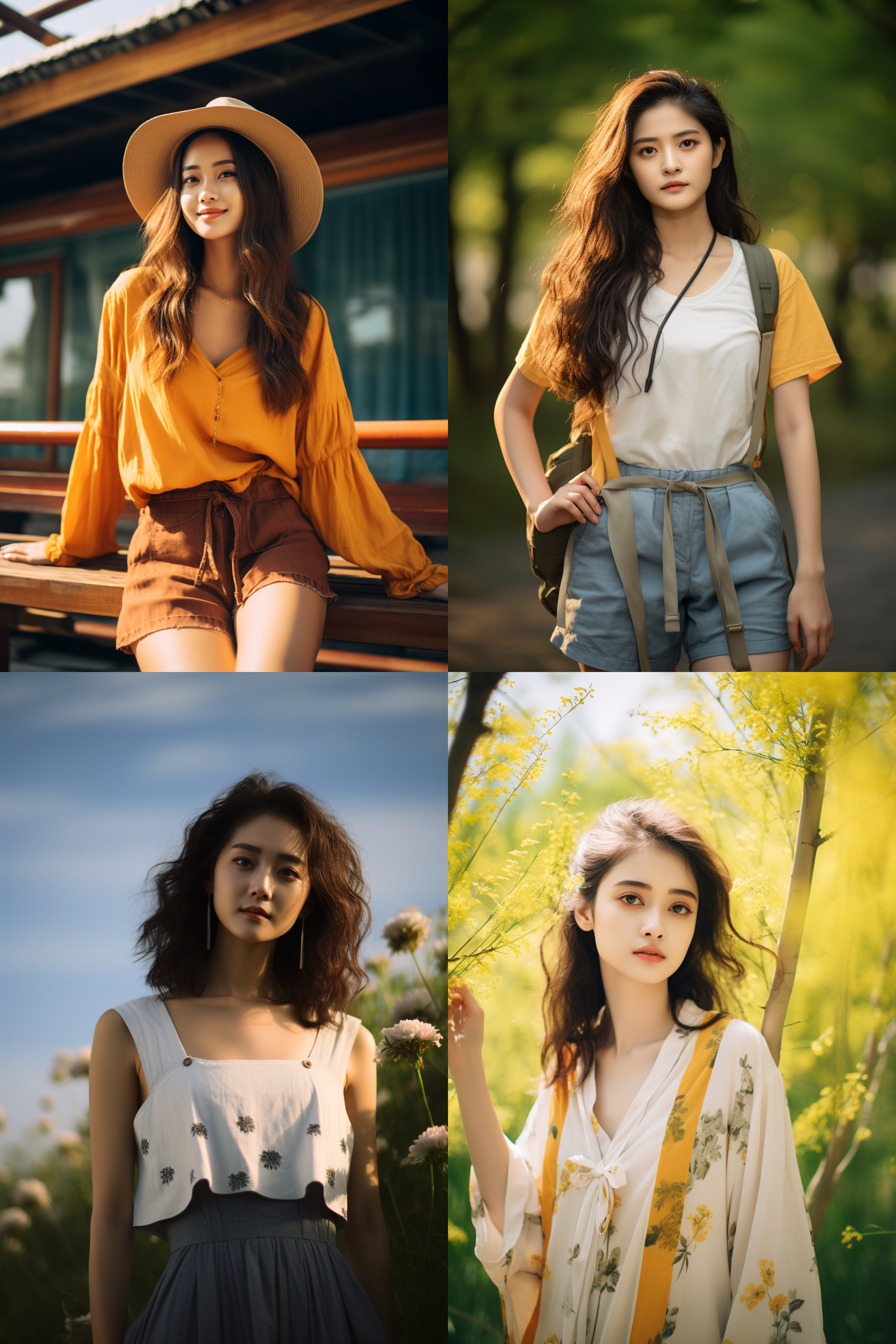 中国女孩，夏季服饰，夏日摄影，明亮光线， 清新自然，户外风景，肖像模式，中焦镜头，自然姿态，