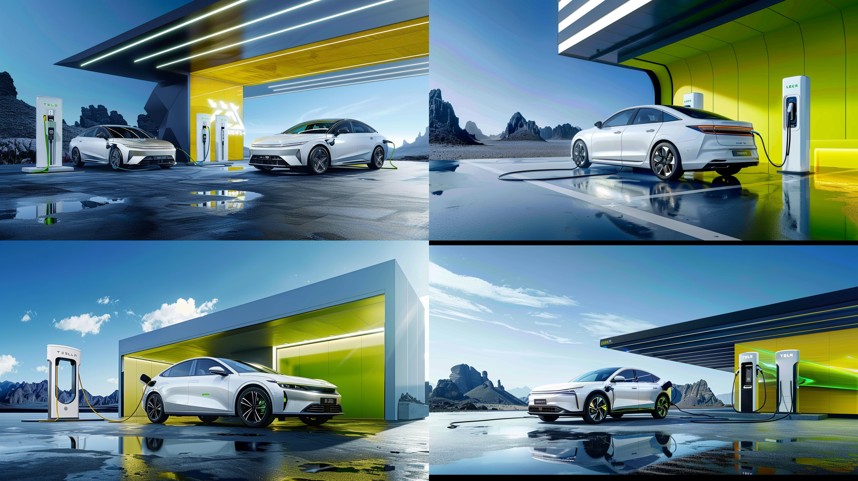 新能源车充电，充电桩，科技感，长曝光，充电桩细节，低角度，充电线流动效果，静谧，未来感，暖色调 三维 全景 外星地貌 白金 柠檬黄 浅蓝 黄 沙漠
