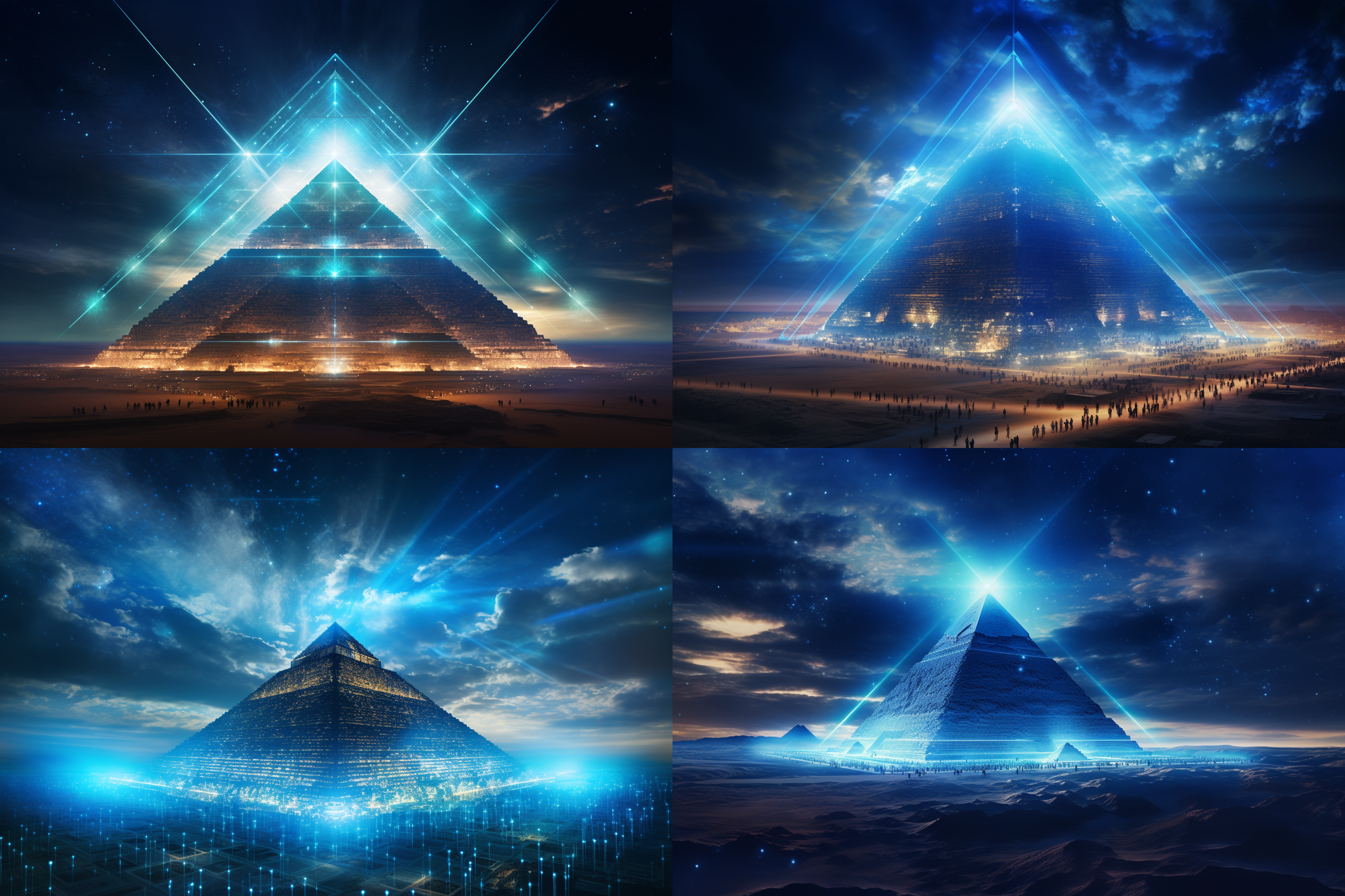 画面中央是一座巍峨的金字塔数据中心，高耸入云，闪烁着蓝色的光芒。金字塔的每一层都布满了数据传输的端口，犹如繁星点点。金字塔的顶部，一个巨大的光圈环绕，流光溢彩，仿佛在吸引着星际间的能量。 在画面的背景中，几艘飞船在太空中穿梭，它们的轨迹划过一道道蓝色的光线，与金字塔数据中心的光芒交相辉映。在画面的某个角落，还可以隐约看到外星人的身影，他们正用先进的设备观察着这个充满科技感的未来世界。 整个画面采用粗线条的手绘风格，线条流畅而有力，营造出一种科技与新国潮的碰撞感。
