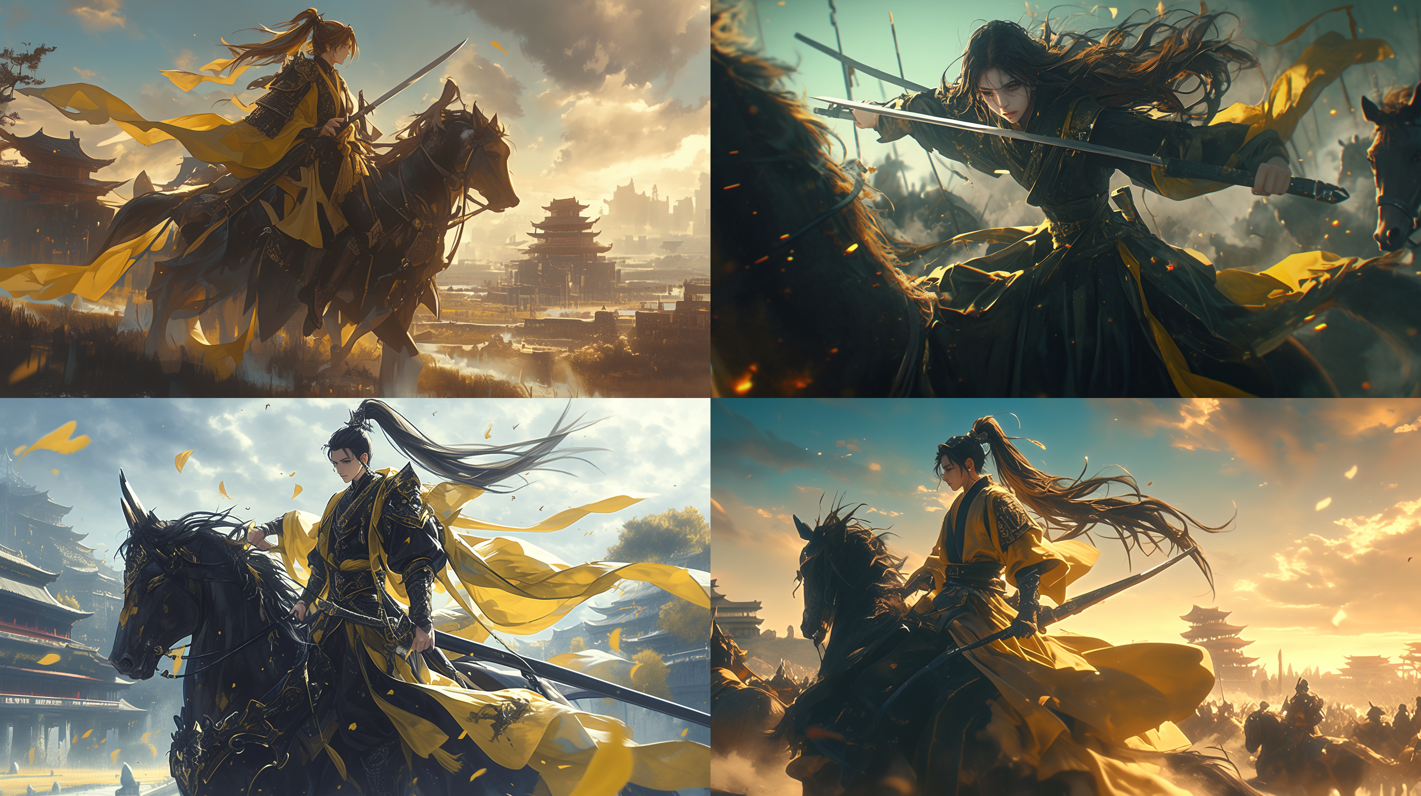 古代男孩战场，黑黄战袍，长发，神犀利眼神，双刀，战马飞驰，残垣，电影质感，8k，高清，中国风，战斗动作，史诗色彩，壮丽气势。