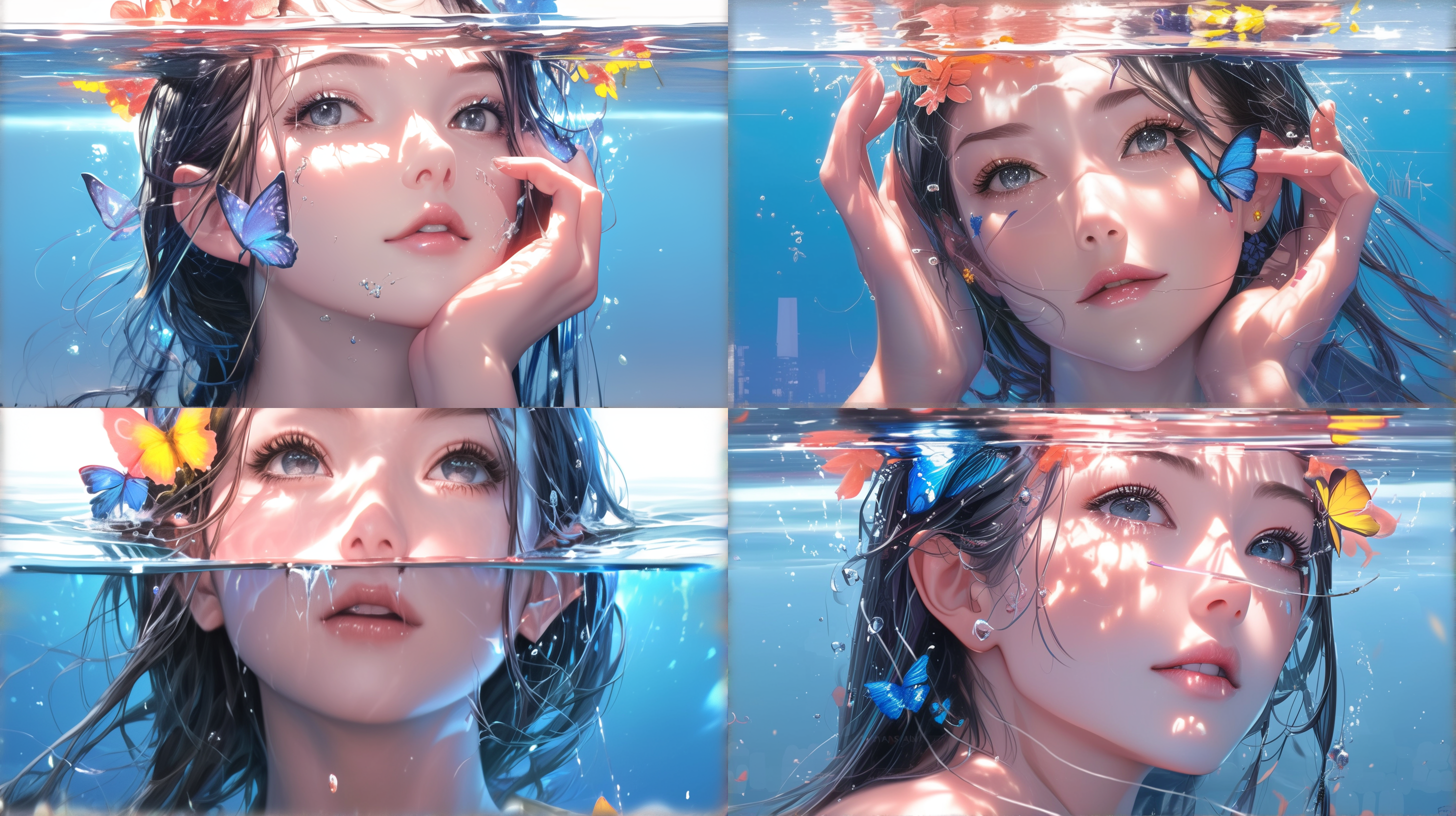 disney style,a girl in the water, with big eyes wide open, looked into the distance. she was wearing a butterfly decorated headband, and the water surface was above her shoulders. water shone on her head and shoulders,ultra hd,8k