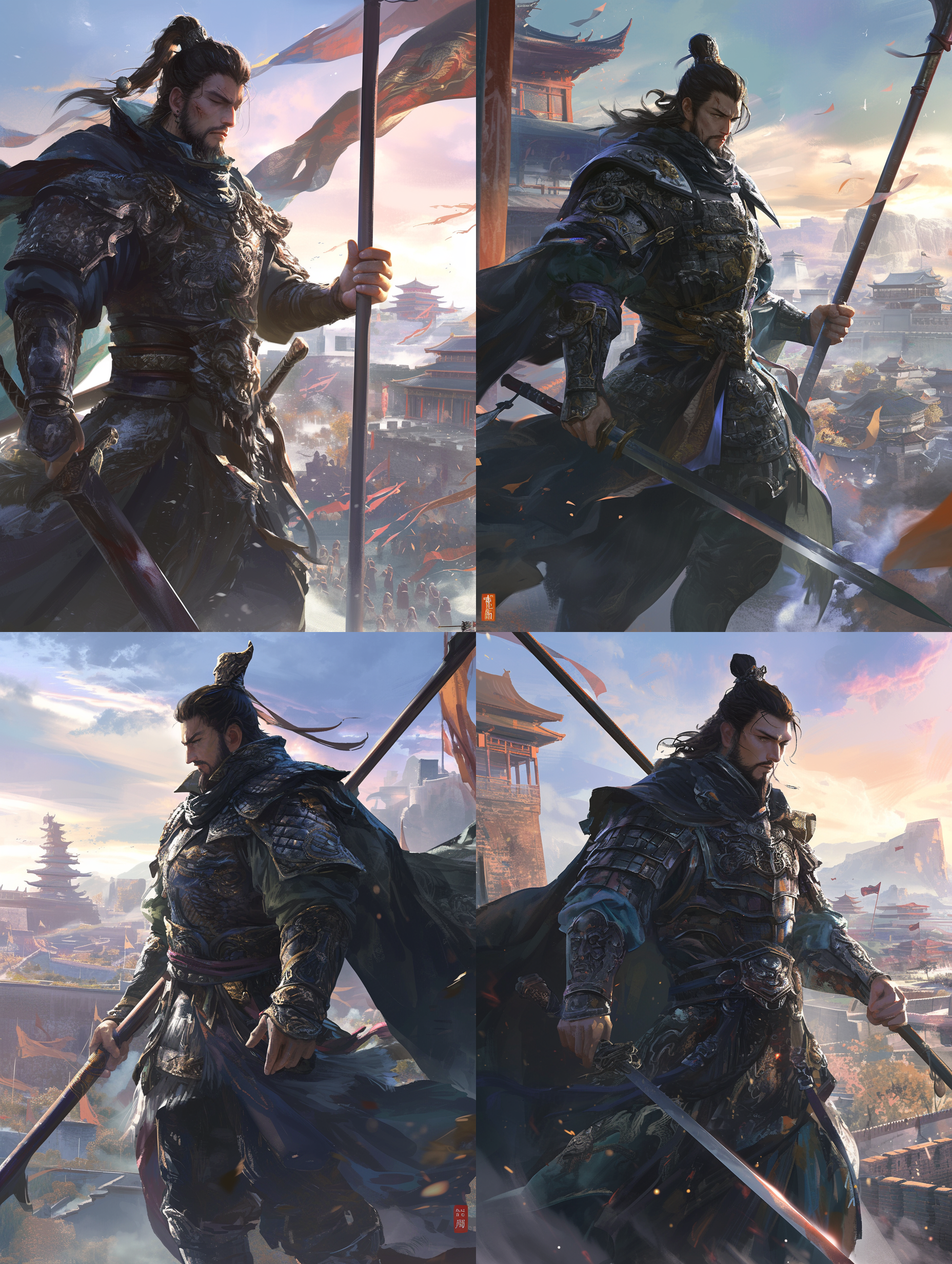 中国古代侠客，长枪，中年，威武帅气，严肃，，城墙下，江湖，武侠，战场，唯美色调，全身，全景，背景细节，古风，电影级细节，长焦镜头，细节丰富，高清晰度