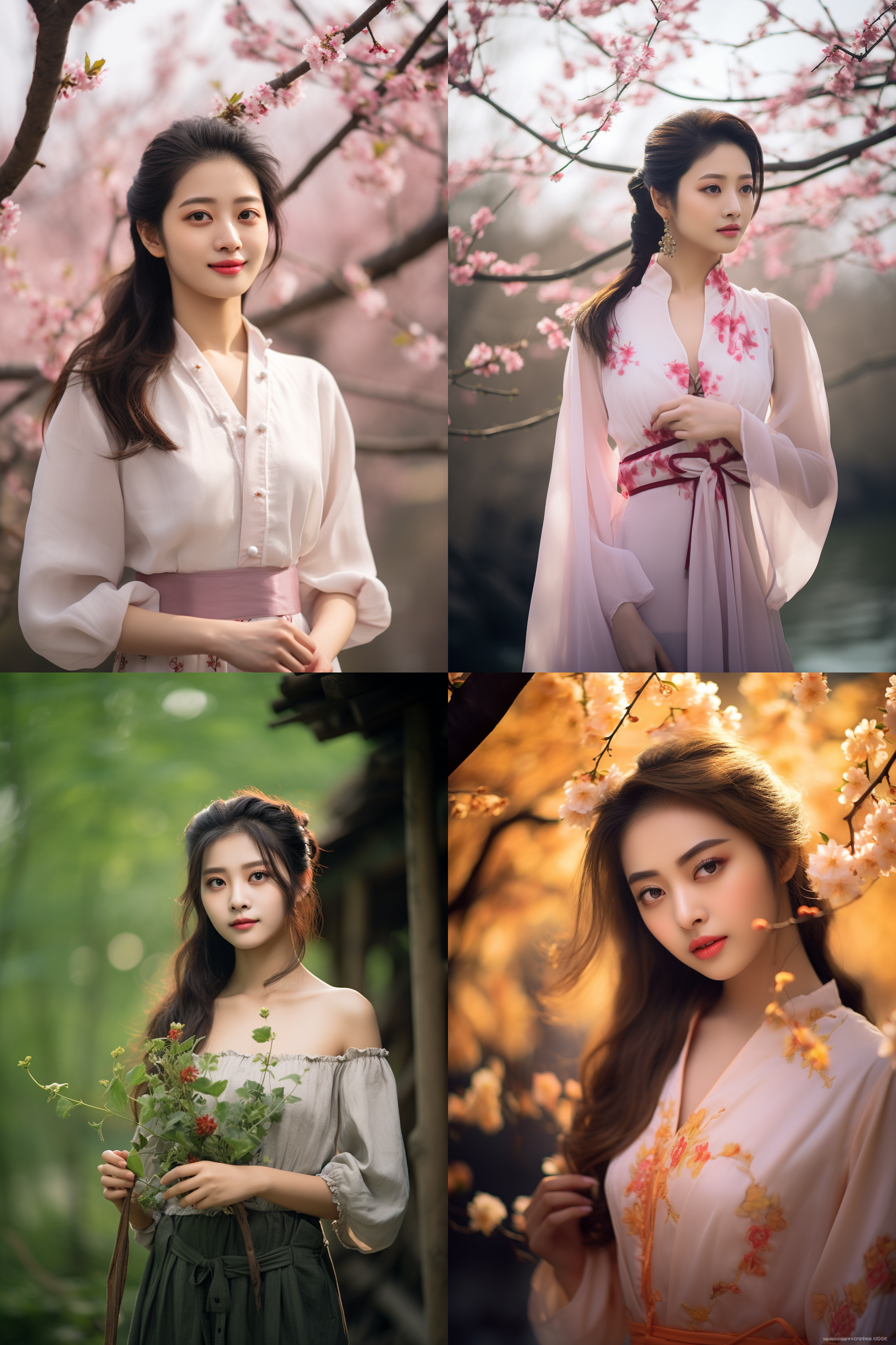 中国女孩，套裙服饰，春日摄影，明亮光线， 清新自然，户外风景，肖像模式，中焦镜头，自然姿态，