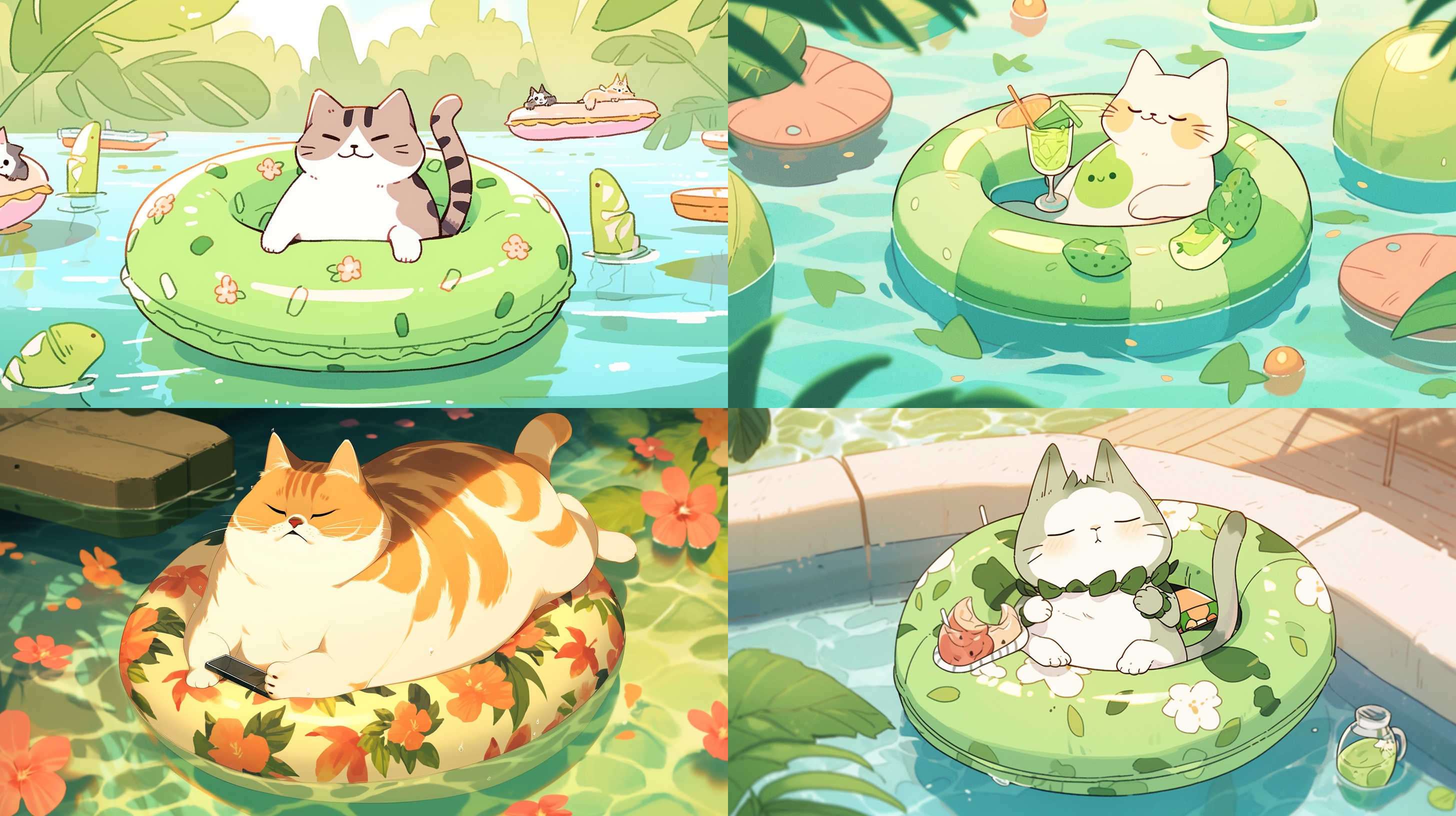 high-quality, an american shorthair cat soaking in a cucumber slice hot spring, very comfortable, with a vacation-style beach color tone, hawaii color tone, feeling like being on vacation, 45-degree overhead perspective, full of animated style, perfectly matching the style of disney's mickey mouse character.