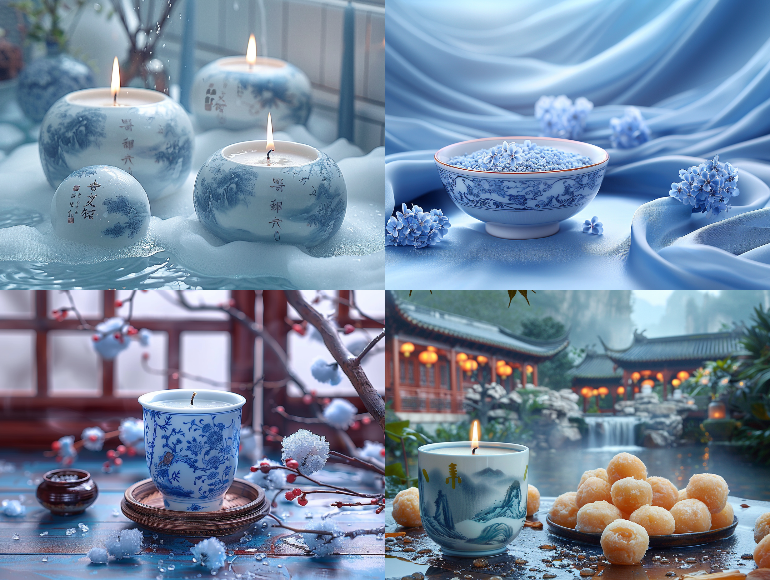 青花瓷烛台，中心构图，微距镜头，蓝白色调，梦幻效果，透光，静谧，优雅。