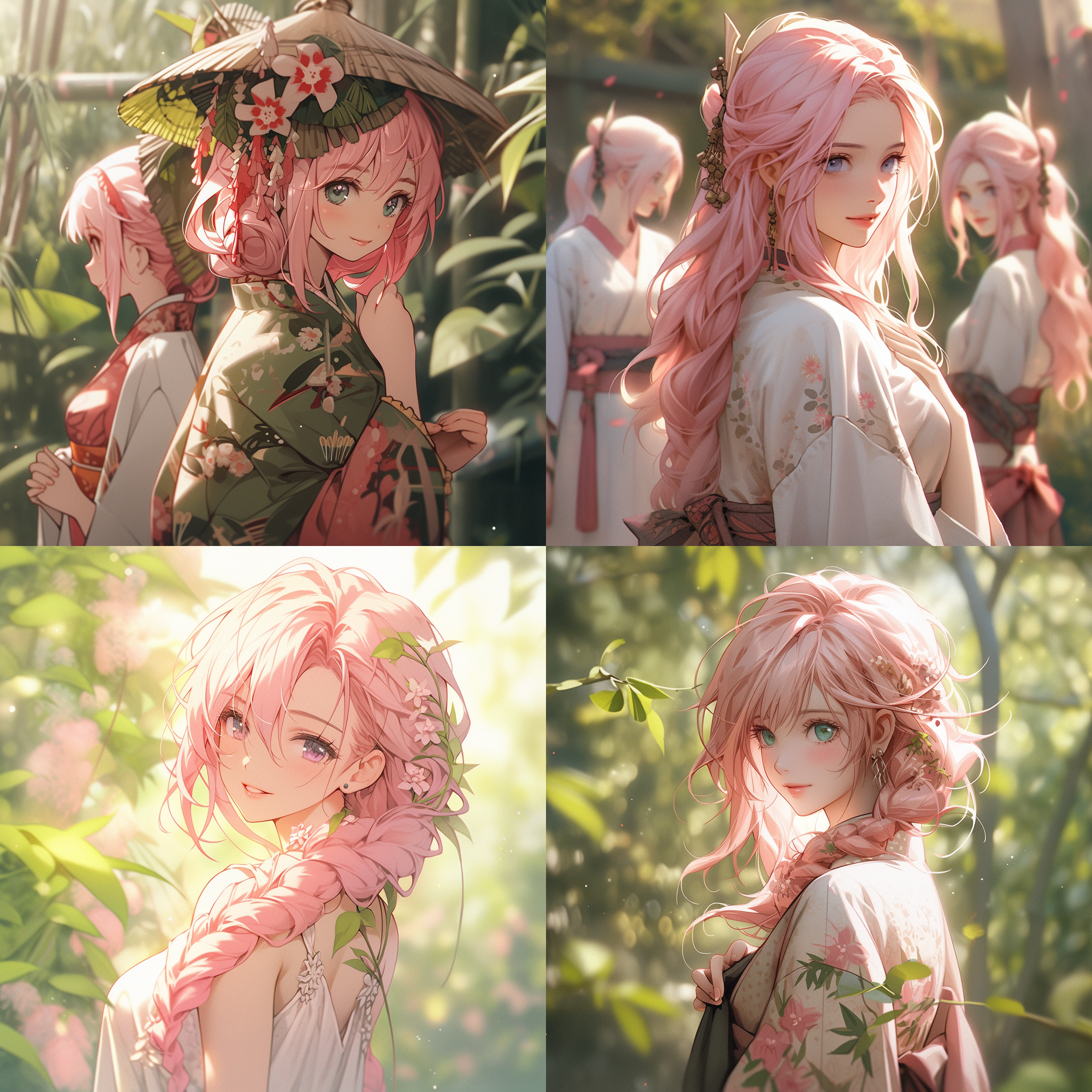 粉发古装女子，绿眼睛，粉衣服，二次元风格，花园中，柔和色调，长焦镜头，正面光，优雅姿态，梦幻。