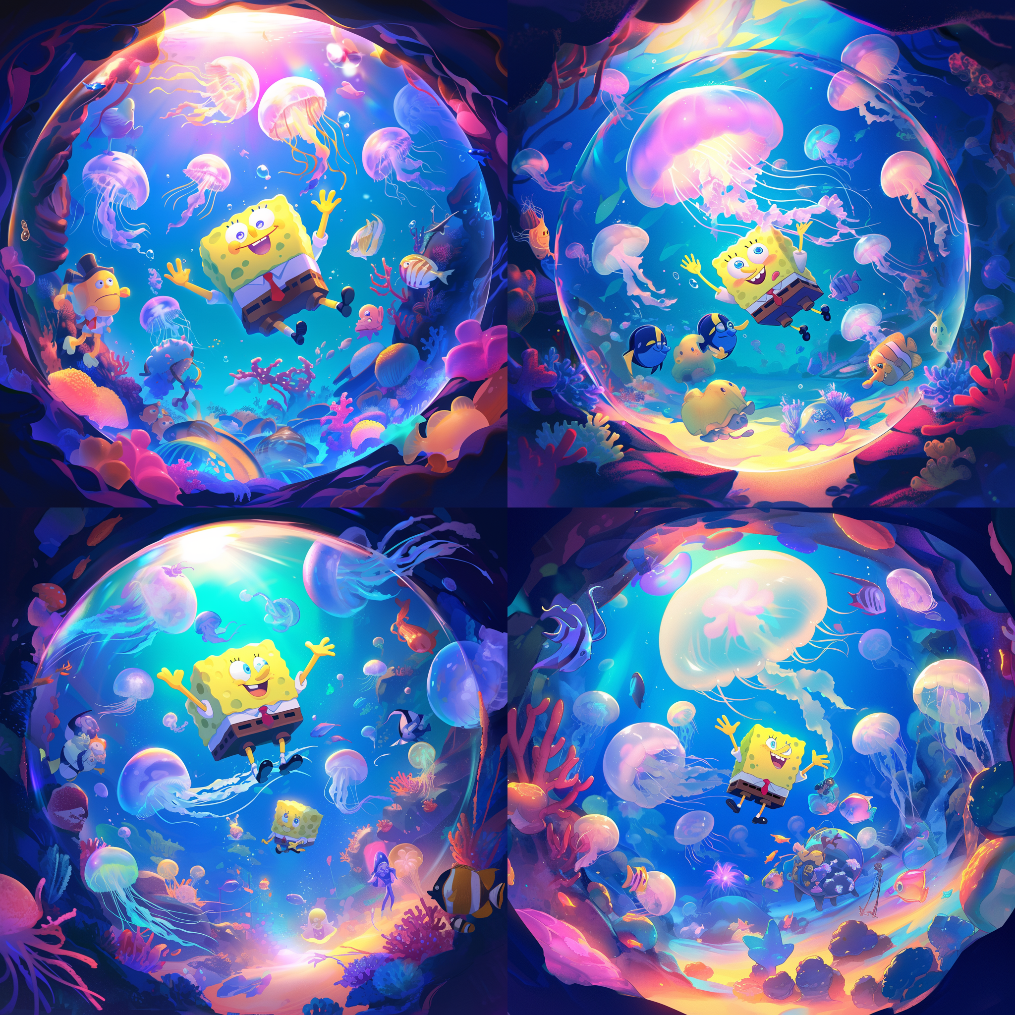 海绵宝宝被水母环绕，海底世界，明亮色彩，卡通风格，鱼眼镜头，闪光灯效果，悬浮感，喜悦表情，活泼氛围。