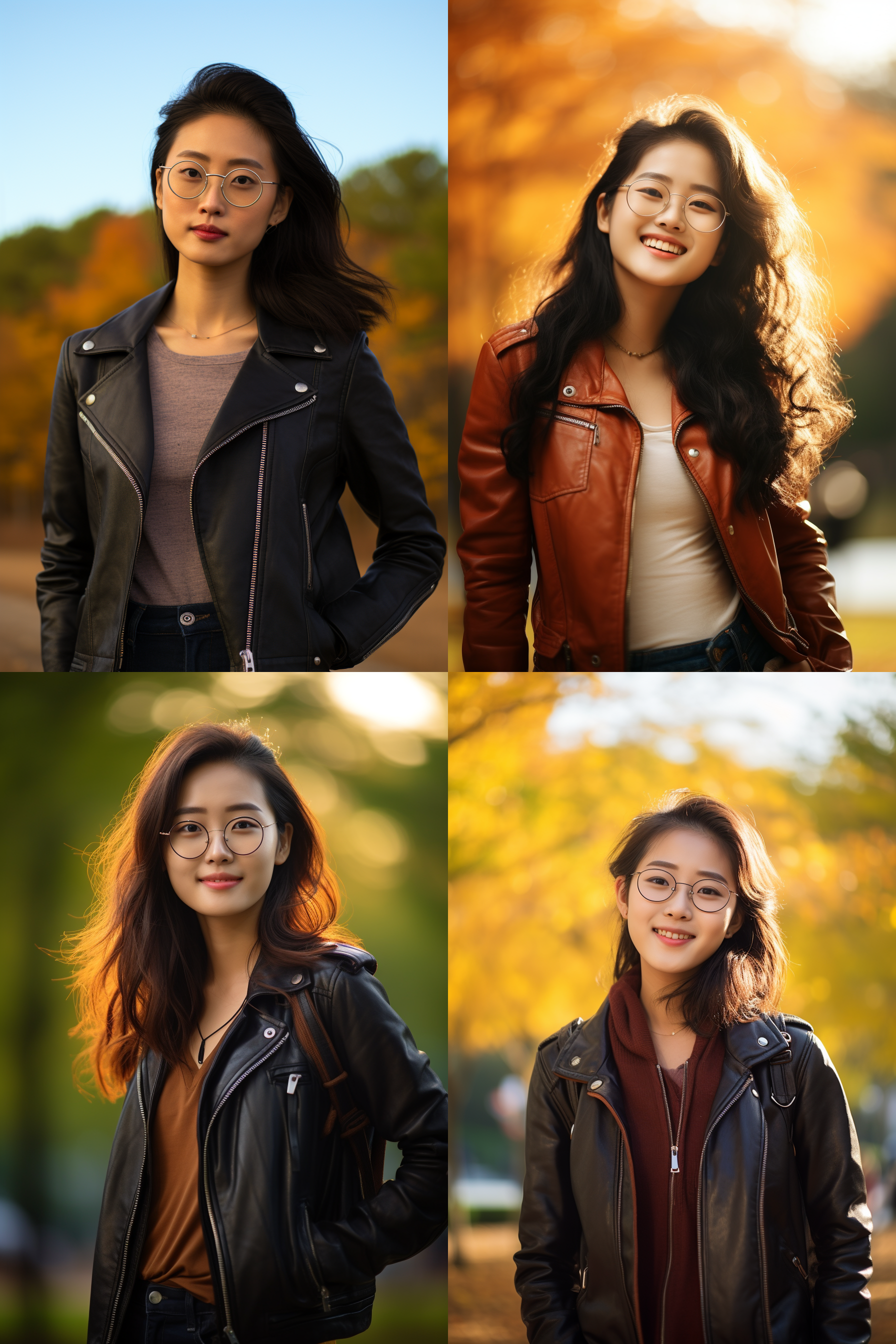 中国戴眼镜女孩，穿皮衣，明亮光线，摄影图 清新自然，户外风景，肖像模式，中焦镜头，微笑，自然姿态，色彩鲜艳，快门优先，放松自然