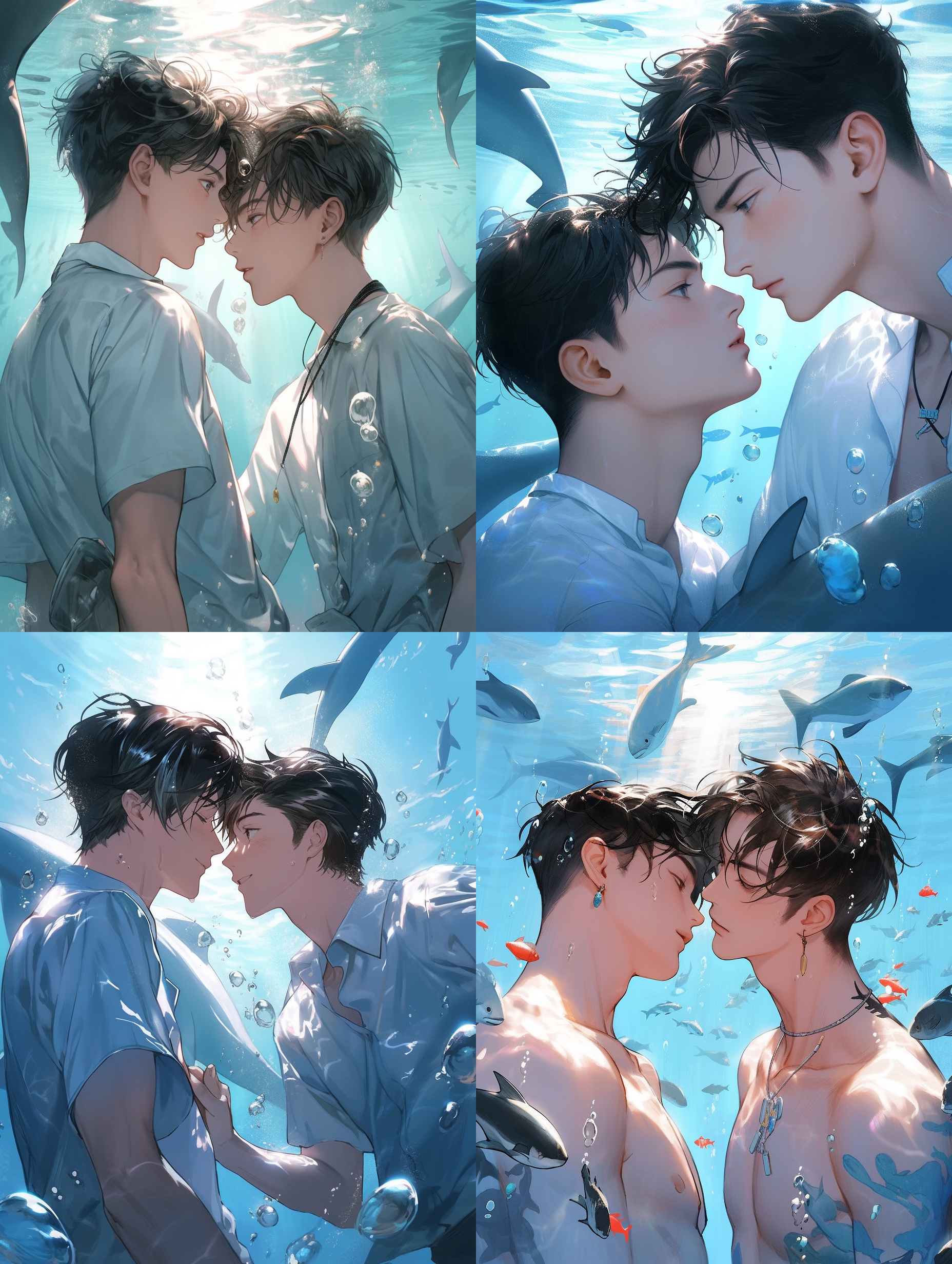 两个中国男孩的唯美爱情，五官精致，帅气，其中个眼角有痣，短发，海豚围绕，在海底，在水里的感觉，蓝调，浪漫。