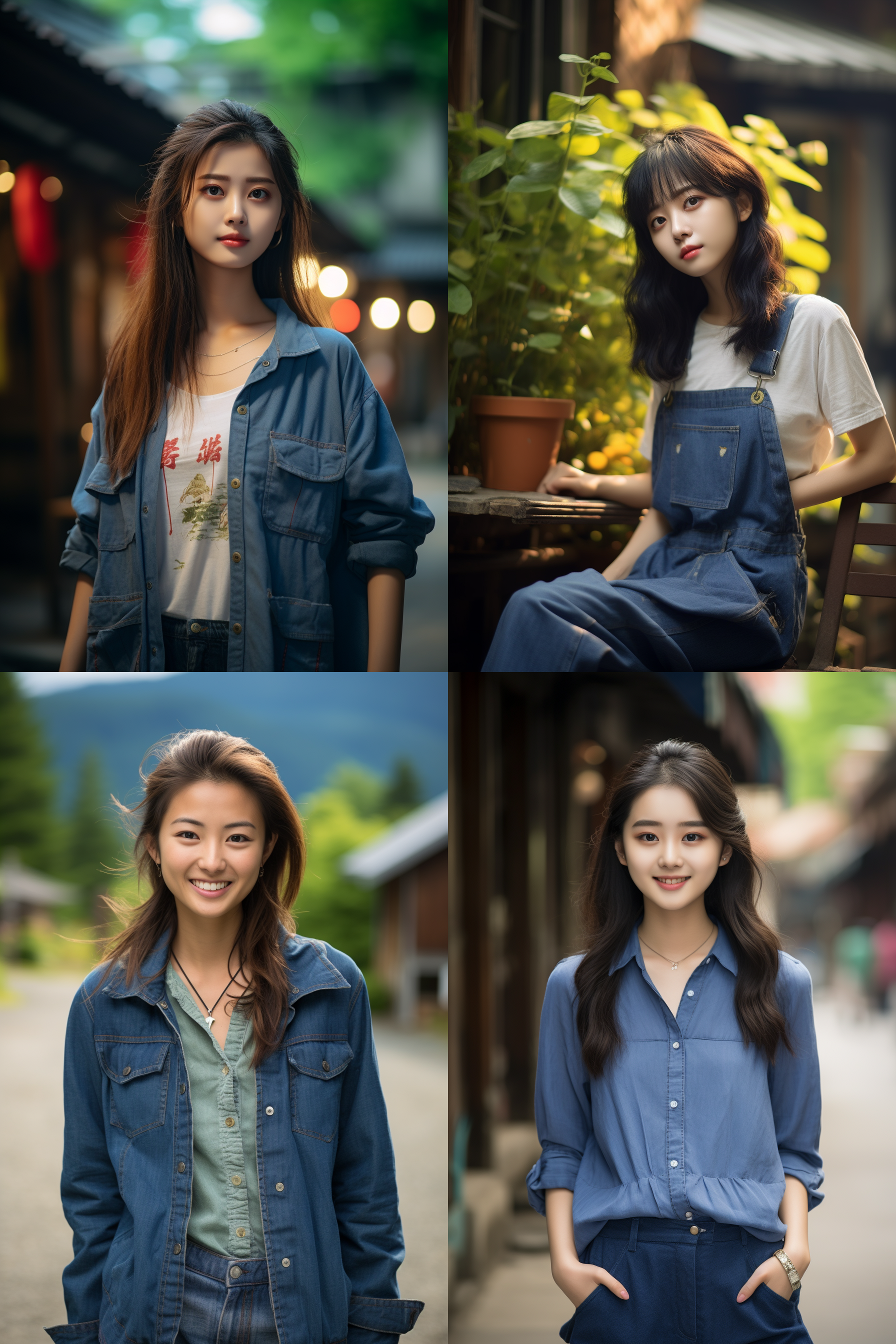 中国女孩，牛仔服饰，明亮光线，摄影图 清新自然，户外风景，肖像模式，中焦镜头，自然姿态，色彩鲜艳，快门优先，放松自然