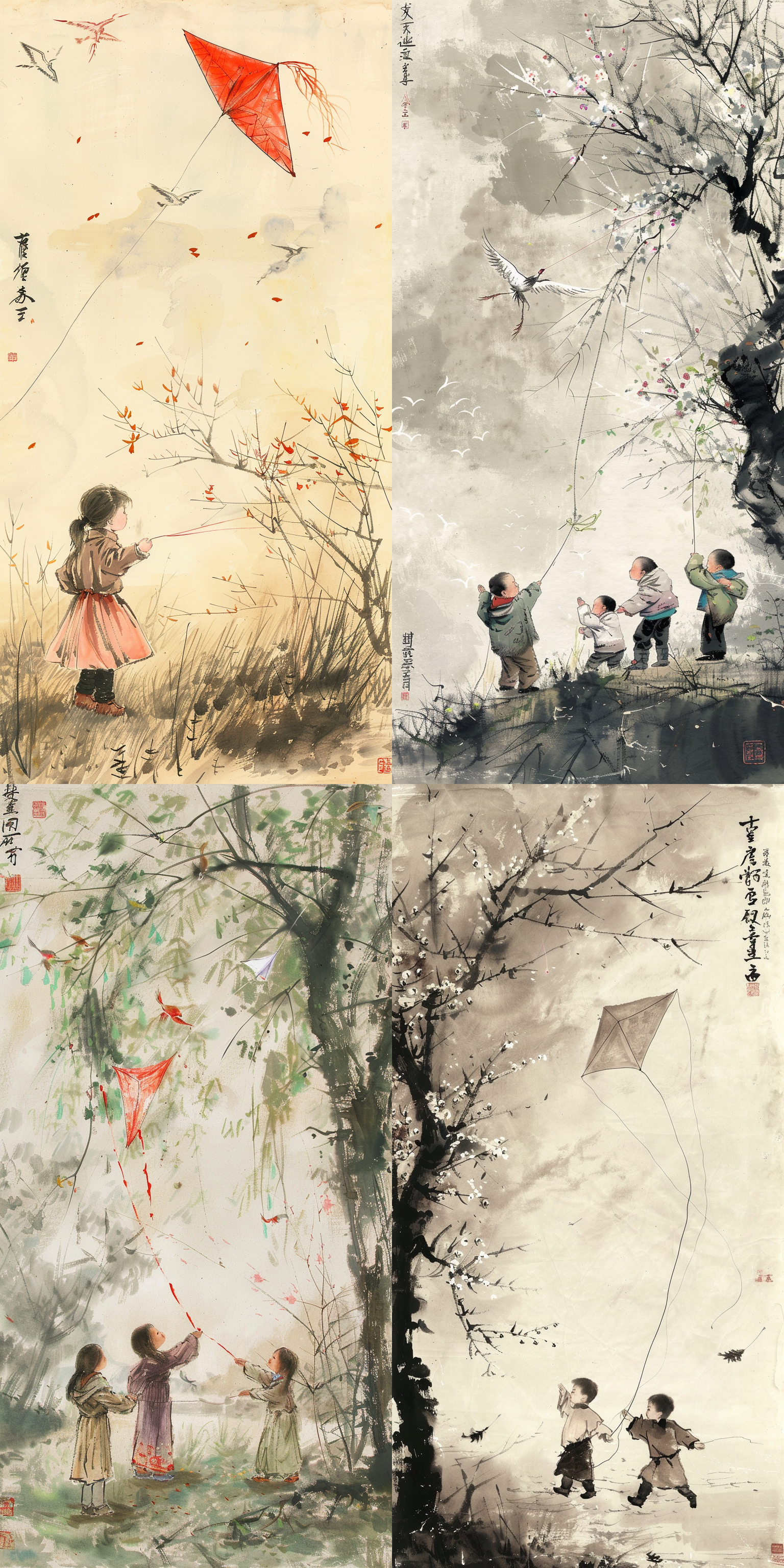 盼望着，盼望着，“轻吻着柳枝，微微吹皱了水面，偷偷地传送花香，同情地轻轻掀起禽鸟的羽毛”（老舍）的春风也来了。孩子们又可以大显身手了，他们精心地做着风筝，“做一个蝴蝶样的吧，做一个白鹤样儿的吧”，“把春天的憧憬和希望，都做进去。然而，做起来了，却是个什么样儿都不是的样子了”，但他们依然很快活，不但把自己的名字都写在上面，还给风筝起了一个很好听的名字“幸福鸟”，“终于拣下个晴日子，我们便把它放起来：一个人先用手托着，一个人就牵了线儿，站在远远的地方，说声‘放’，那线儿便一紧一松，眼见得凌空起去，渐渐树梢高了；牵线人立即跑起来，极快极快地。风筝愈飞得高了，悠悠然，在高空处翩翩着，我们都快活了，大叫着，在田野拼命地追，奔跑”