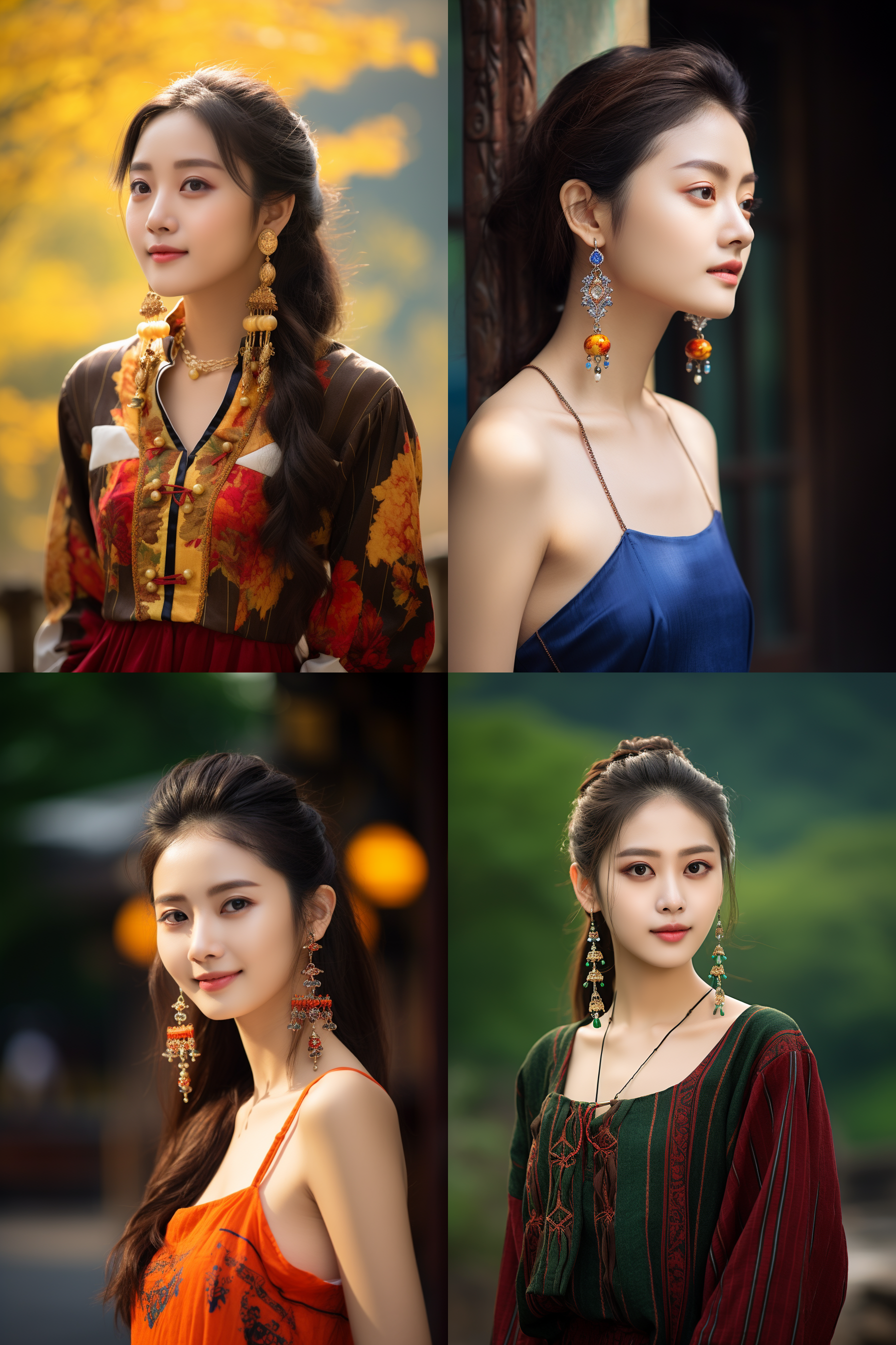 中国戴戴耳钉女孩，明亮光线，摄影图 清新自然，户外风景，肖像模式，中焦镜头，自然姿态，色彩鲜艳，快门优先，放松自然
