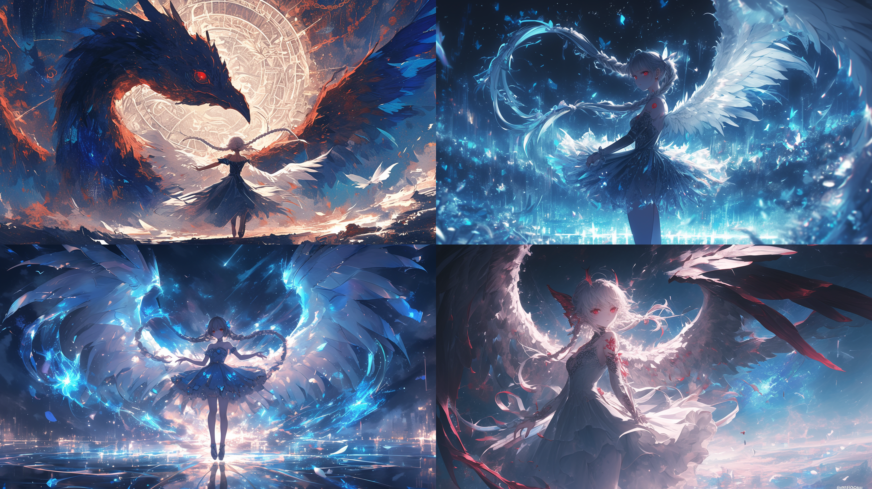 板绘，二十岁女生，白色蝴蝶辫，红色纹身，芭蕾舞裙，红色瞳孔，反射“十”字白光，花样滑冰动作，背后有白色大翅膀，克苏鲁风格，奔放神秘的人物设计，月光，神秘感，背景是星云图，黄金比例构图，高精度，丰富细节，构图精美。