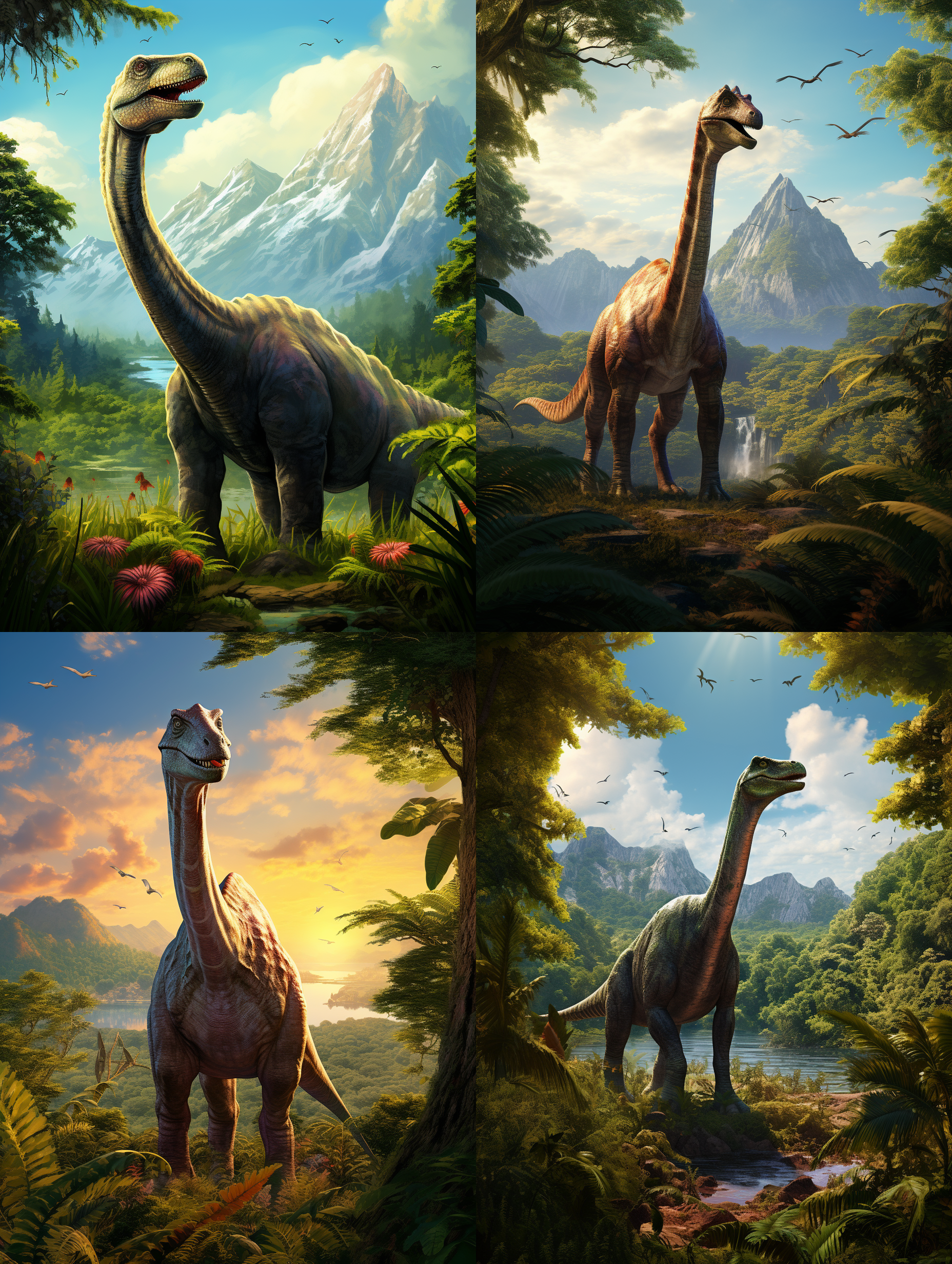 侏罗纪brachiosaurus，壮观的景象，巨大的恐龙站在翠绿的丛林中，阳光透过树叶洒下，形成斑驳的光影。远处是山脉和蓝天，给人一种壮丽的感觉。细节清晰，色彩饱满，透视感强，表达了侏罗纪时代巨大恐龙的威严和力量。恐龙，侏罗纪，丛林，阳光，细节清晰，斑驳的光影，壮丽，色彩饱满，透视感强，威严，力量。