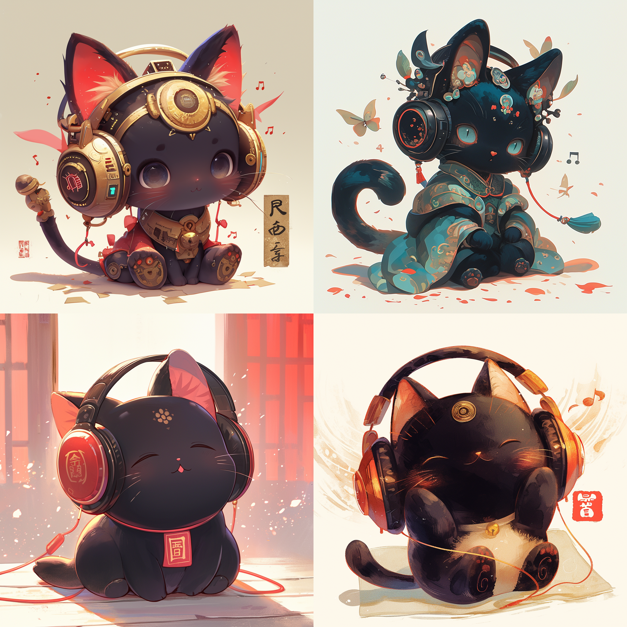 close-up, chinese ancient tang dynasty,cute black kitty wearing huge headphones listening to music, simple paper background,happy, delicate brushstrokes, rich details, high quality, movie-level lighting, cute, chubby, chibi,fuzzy,i can't believe how cute it is,ultra hd,8k