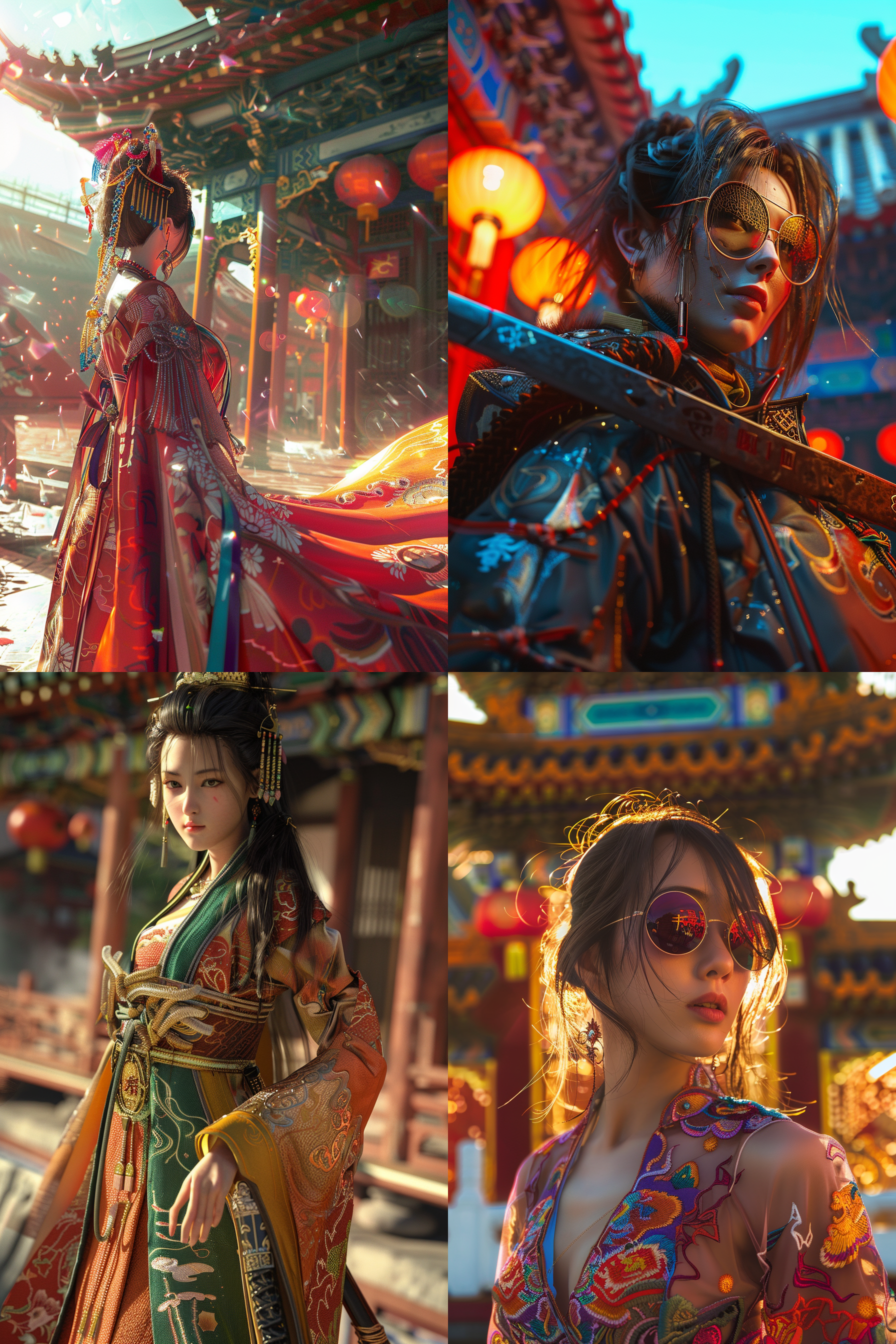 丰富，色彩鲜艳，动感十足，阳光照射下的锋利影子，自信而威猛的表情。唐装细节繁复，刀身反射出金属光泽，中国建筑背景增添浓厚的文化氛围。赛博朋克风格的色调和灯光营造出未来感，8k分辨率捕捉到每一个细节，让人仿佛身临其境。