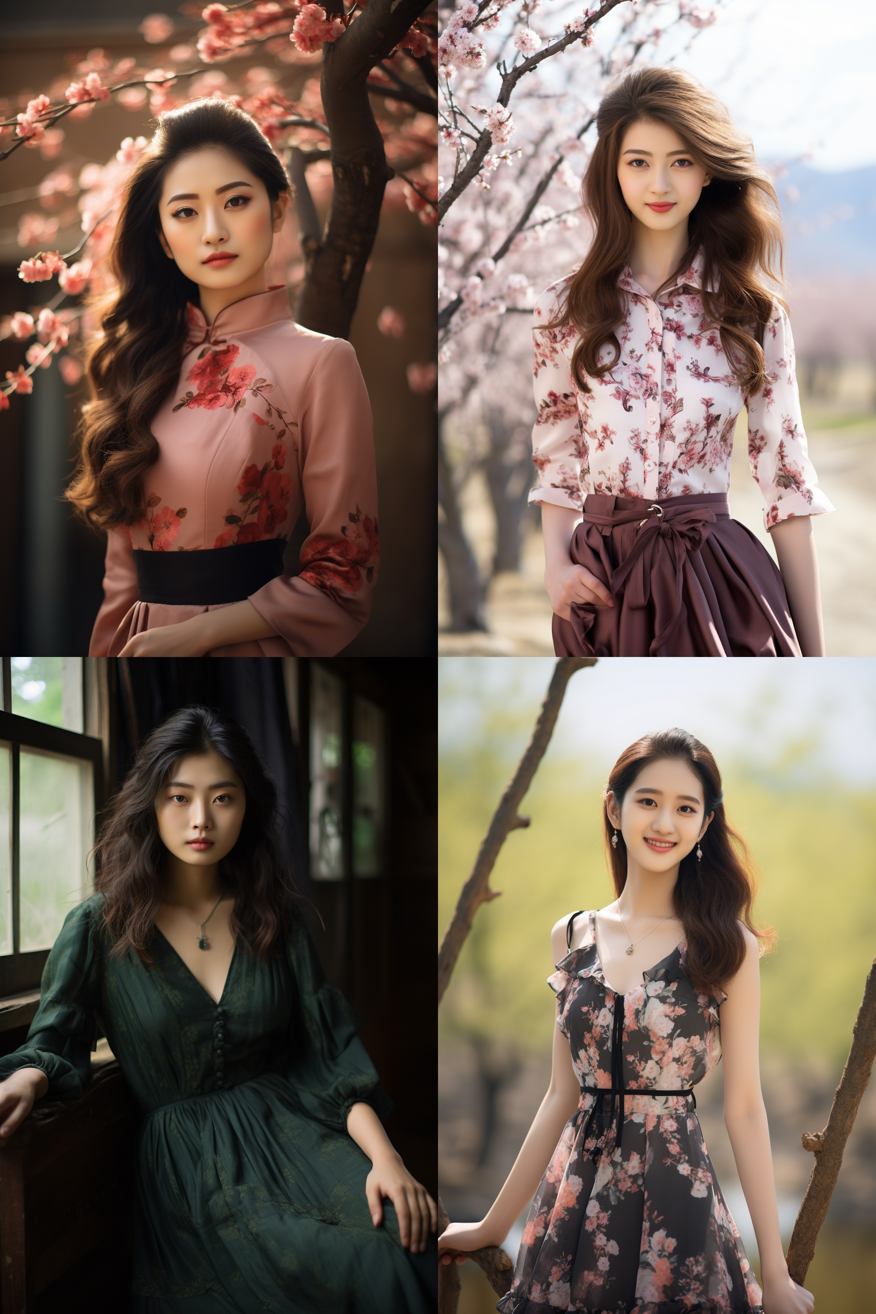 中国女孩，套裙服饰，春日摄影，明亮光线， 清新自然，户外风景，肖像模式，中焦镜头，自然姿态，