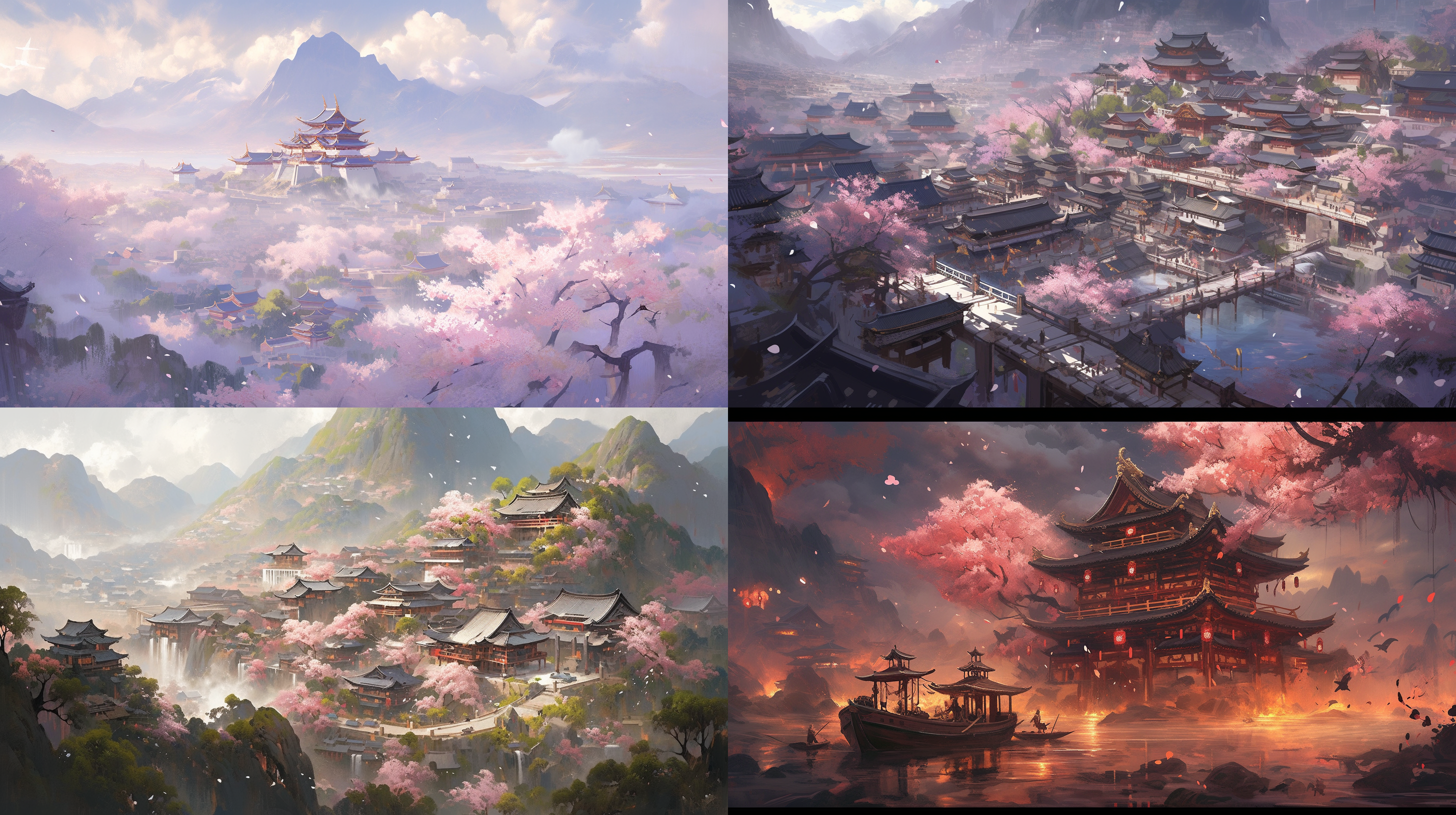 ancient chinese city, bright and majestic, bird's-eye view, intricate details, spectrum, dreamy, dazzling light effects, mirror reflection, falling flowers, lights, delicate texture, wide-angle lens, grand scenery, immortal mountains, fairy trees, and mist