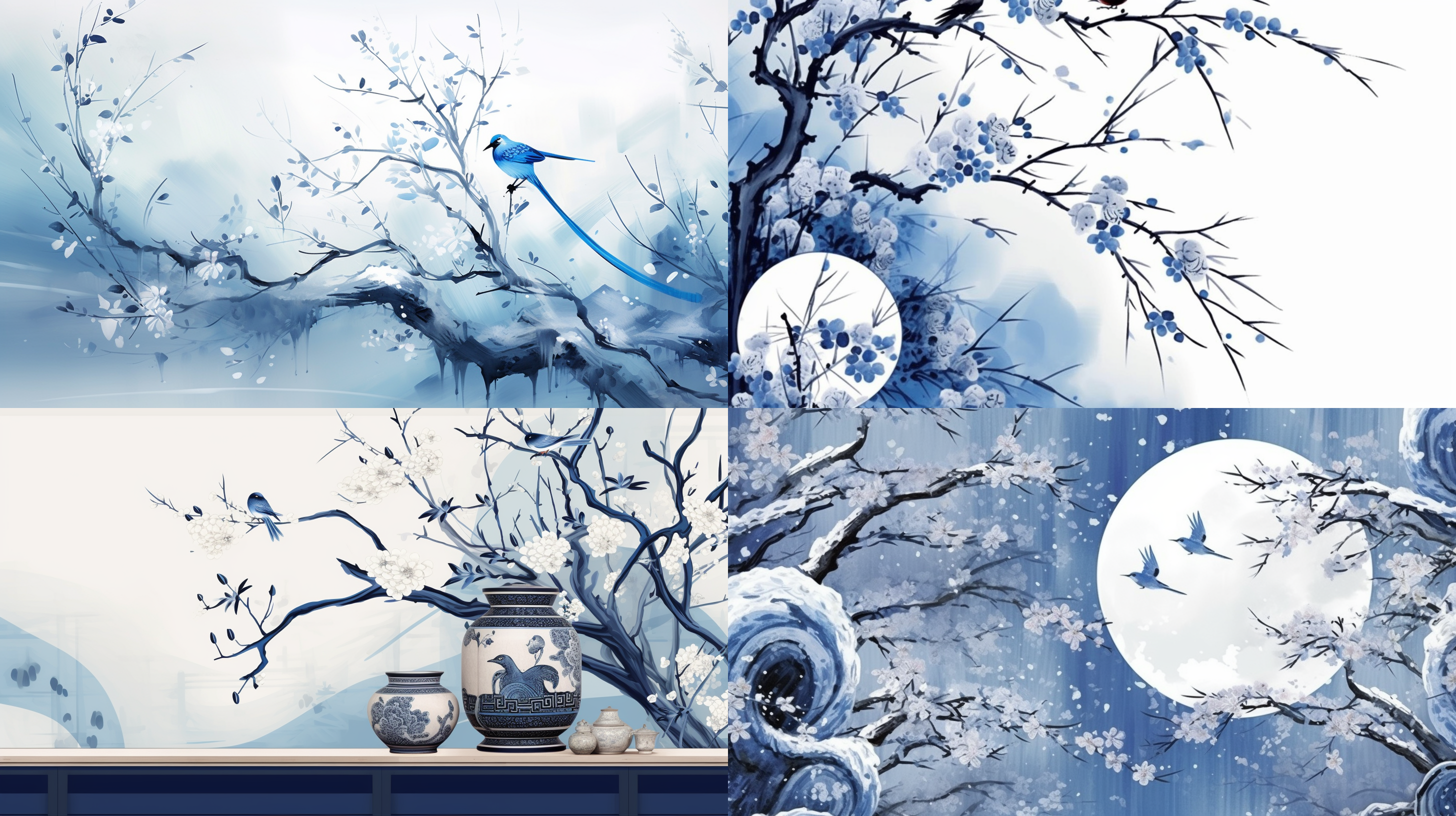 青花瓷风格，清明节主题，燕子，柳枝。竖向构图，水墨画效果，淡雅色调，细节丰富，传统风情，婉约优美，沉静典雅，抒情意境。