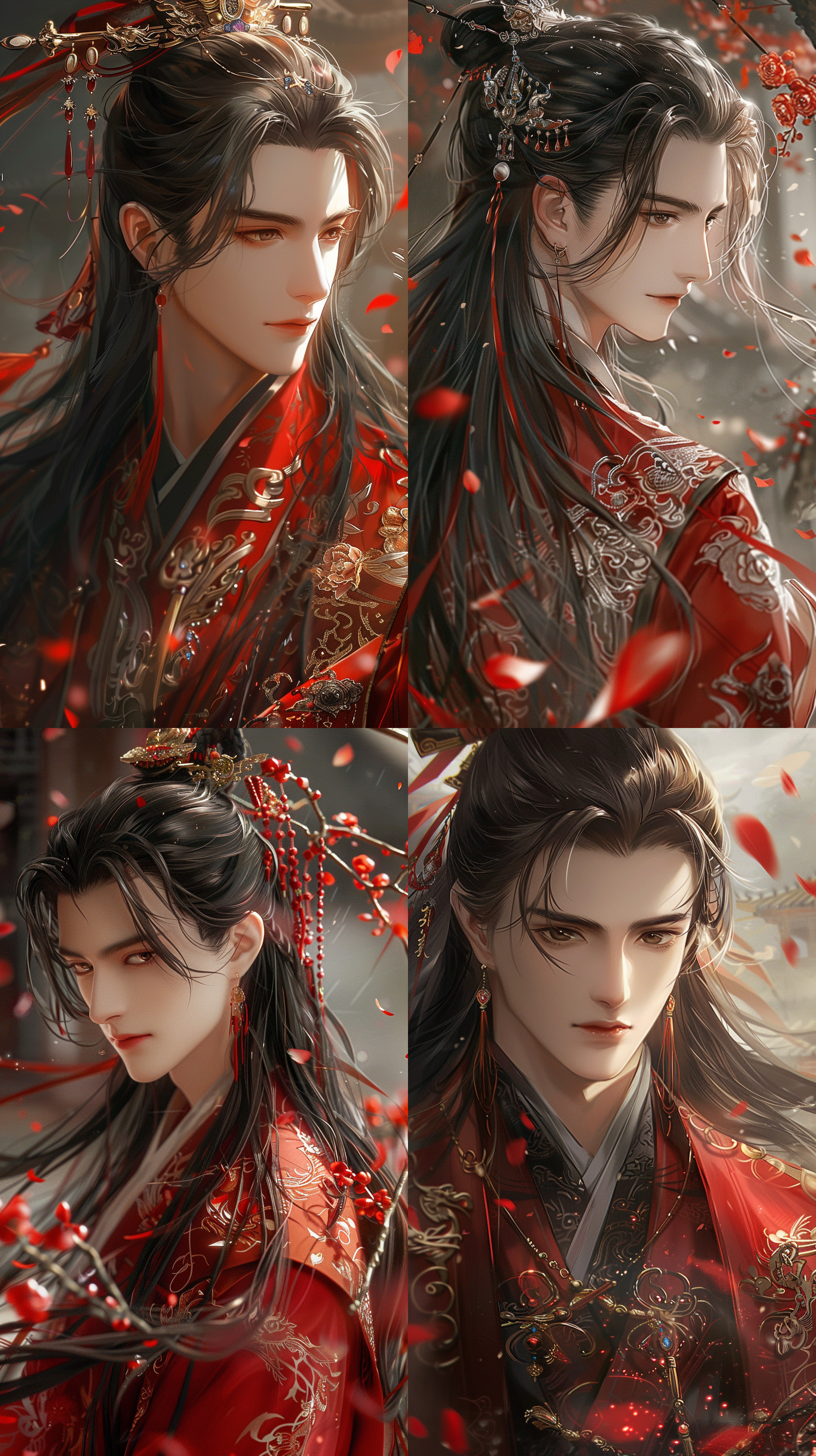 古风帅气男子，正面特写，面部特写，黑色长发，身着古代中国红色婚礼服装，带图案的婚服，红色花瓣飘落，背景是华丽的婚宫，精致的面部特征，细节描绘，幻想艺术，动画美感，高清8k，纵横比16:9，逆光。