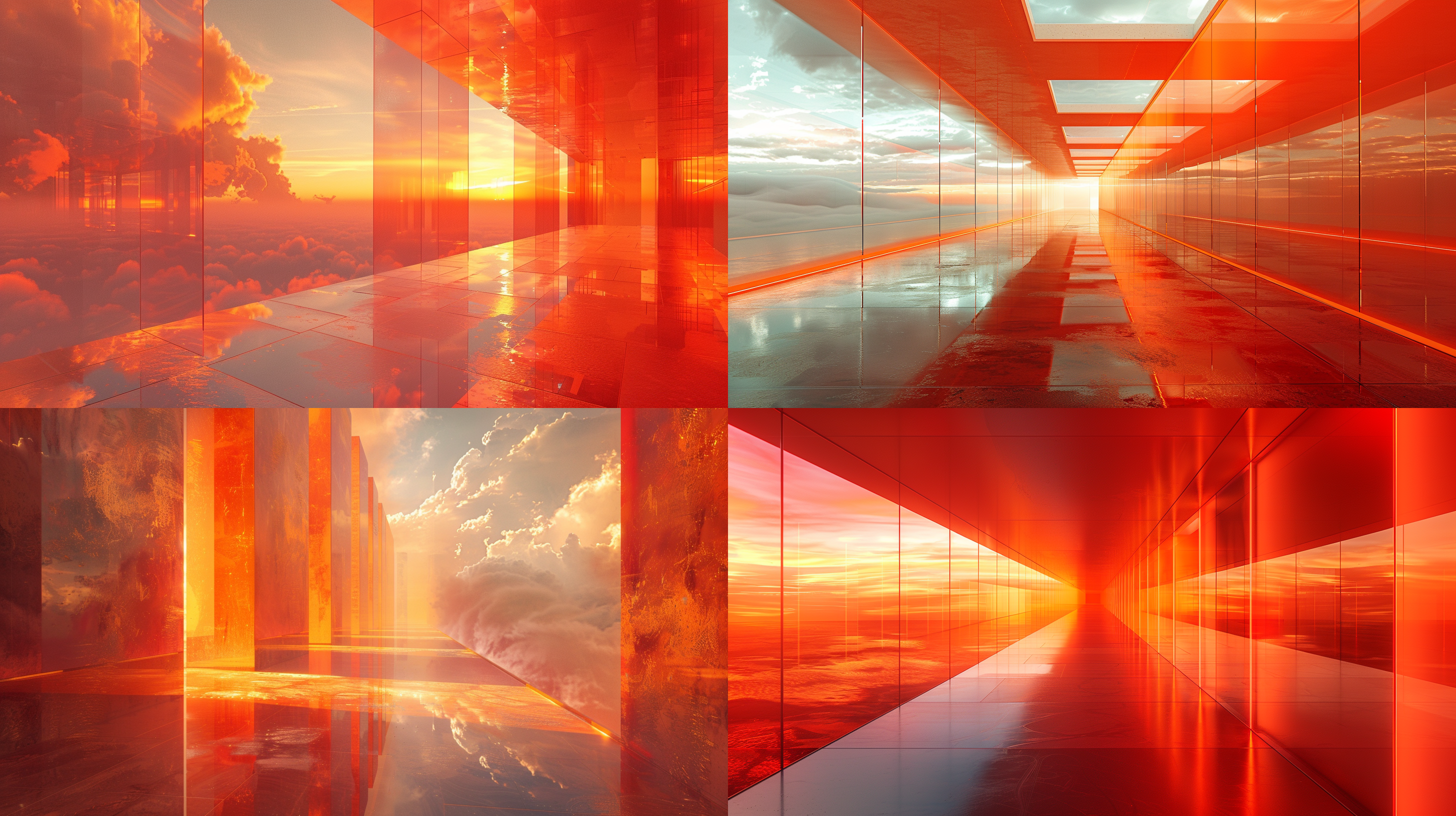 an image of an orange hallway, glass and sky, in the style of light red and silver, future tech, light red and gold, uhd image, chad knight, jagged edges, light red and bronze