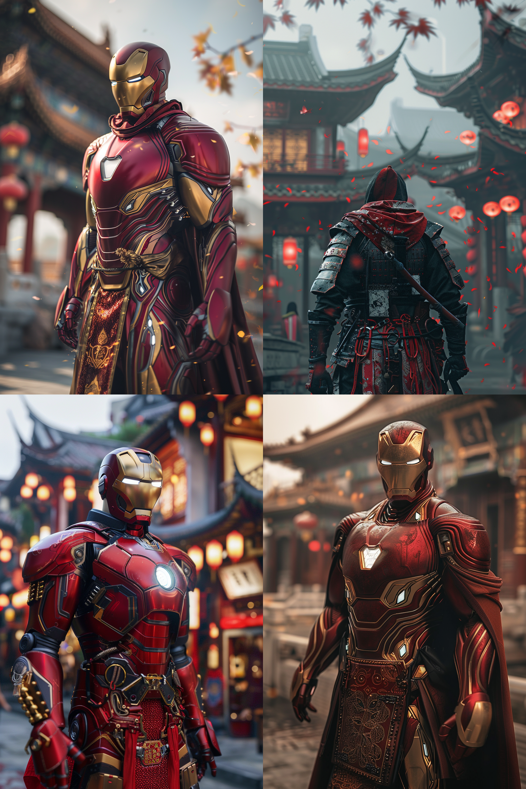 钢铁侠穿着唐装，背景中国建筑，赛博朋克风格，真实光影，8k分辨率，细节