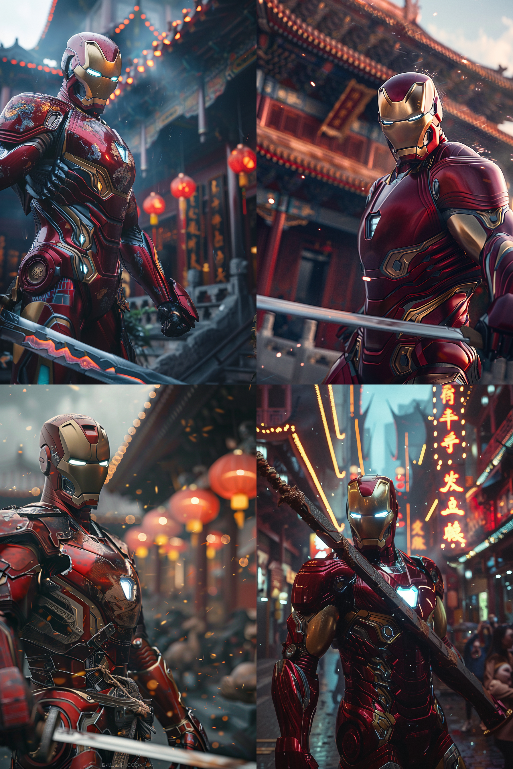 钢铁侠穿着唐装盔甲，拿着一把酷炫的大刀，背景中国建筑，赛博朋克风格，真实光影，8k分辨率，细节