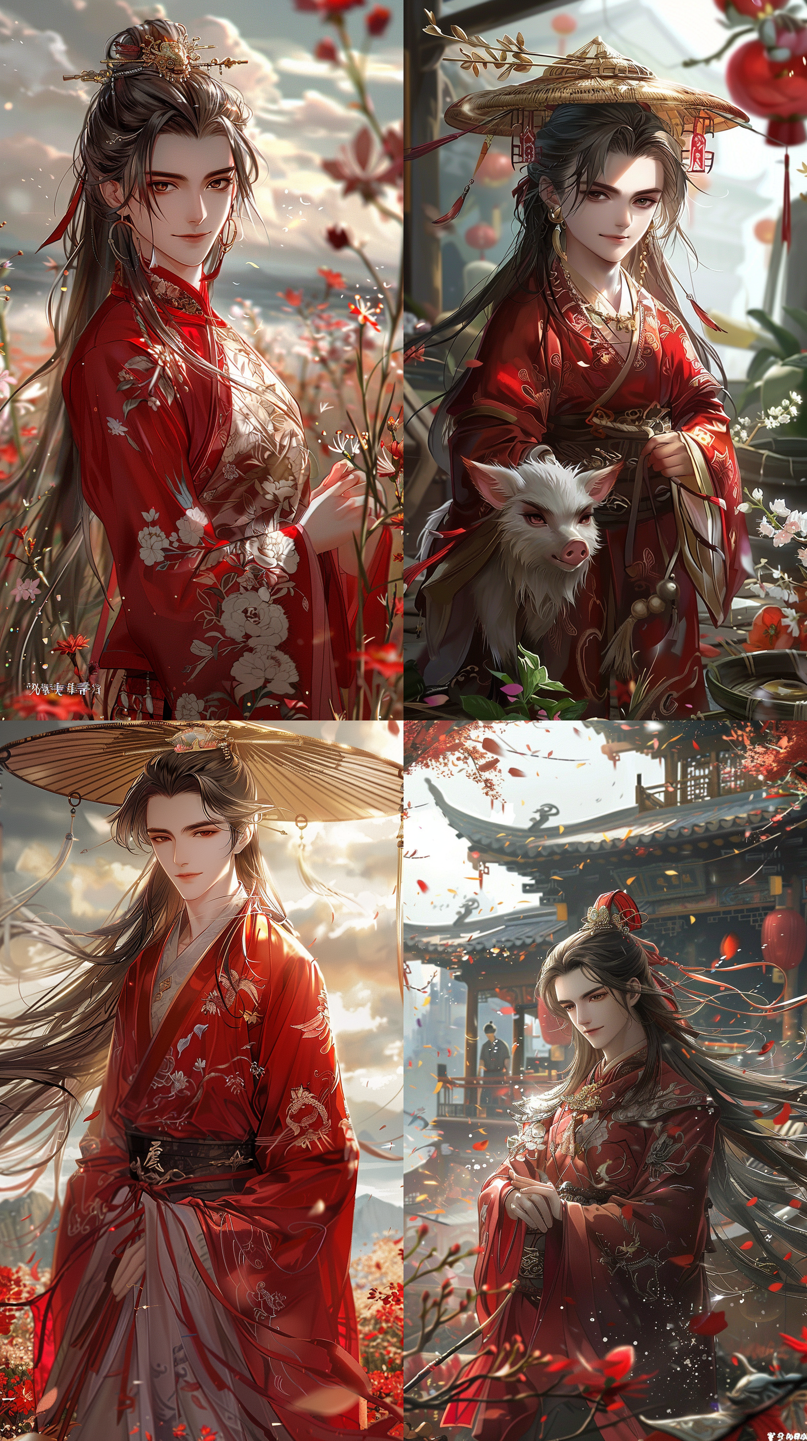 新白野猪戴着红色工作服和黄色帽子，笑容灿烂地站在花田中间。场景明亮、充满童趣，色彩鲜艳、柔和的光线。风景宜人，花朵盛开且色彩缤纷，营造出愉快的氛围。