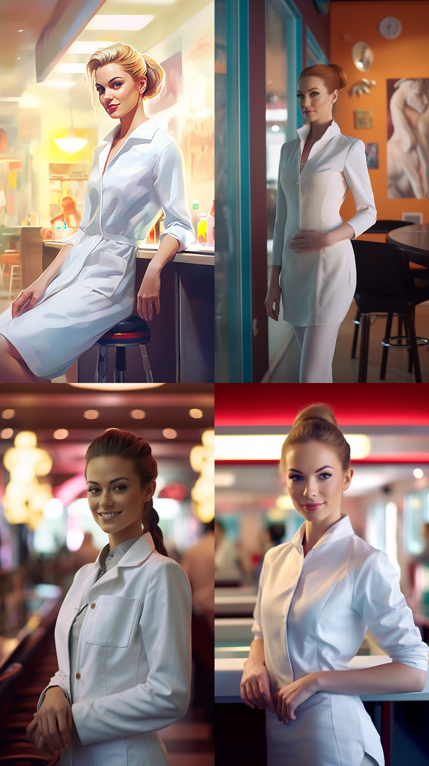 美容院老板娘，马尾，皮肤光滑，身材匀称，白大褂，现代风格，明亮环境，中焦镜头，自然光，微笑，专注，清新。