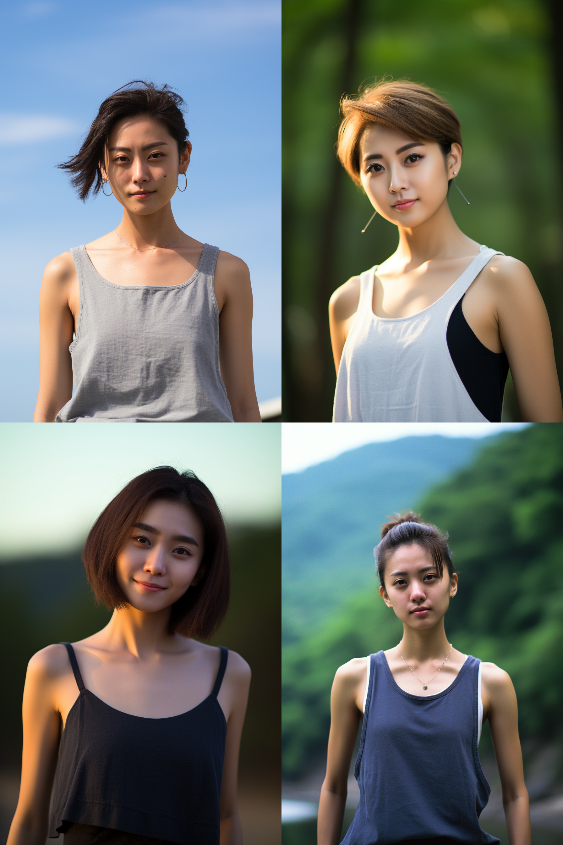 中国短发女孩，穿背心，明亮光线，摄影图 清新自然，户外风景，肖像模式，中焦镜头，微笑，自然姿态，色彩鲜艳，快门优先，放松自然