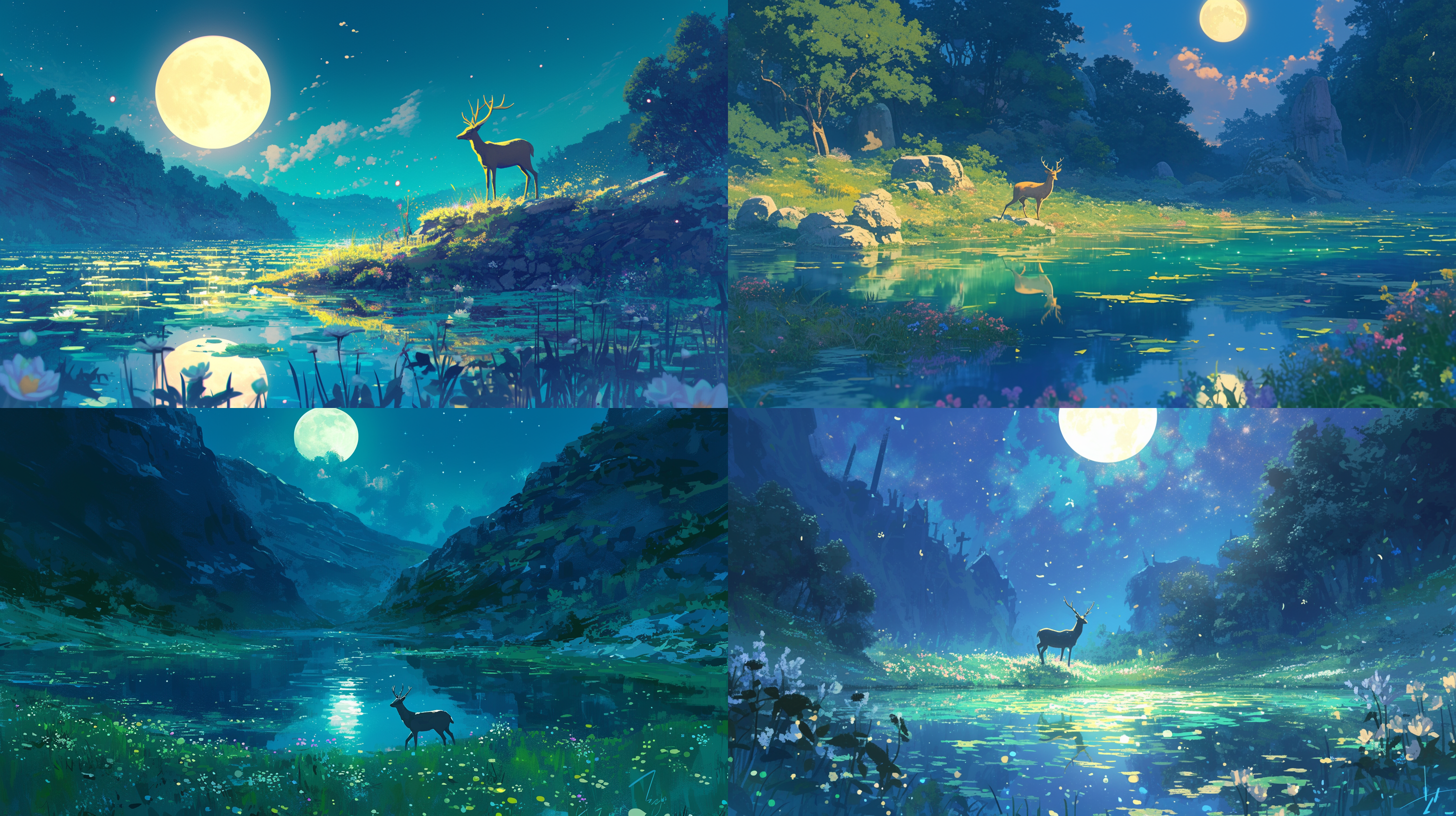 夜晚明月高照，小鹿站立在碧绿的湖面上，周围是青青的草地和鲜花。写实风格，深邃情感，湖面倒影，广角镜头，暗景补光，柔和色调，静态，宁静。