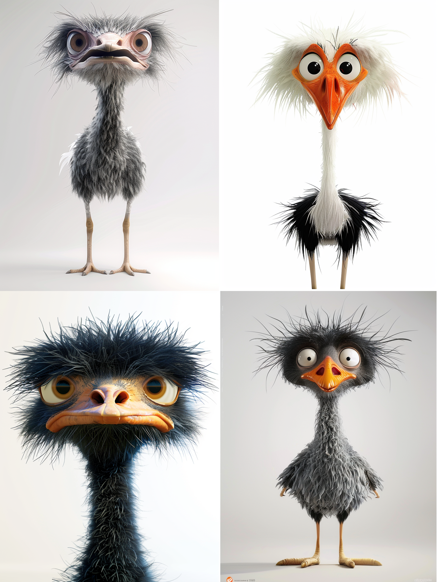 cute , fluffy , fat , big - bellied ostrich , exaggerated movements , various expressions , white background , minimalist , cartoon style , elongated shape ,3d
