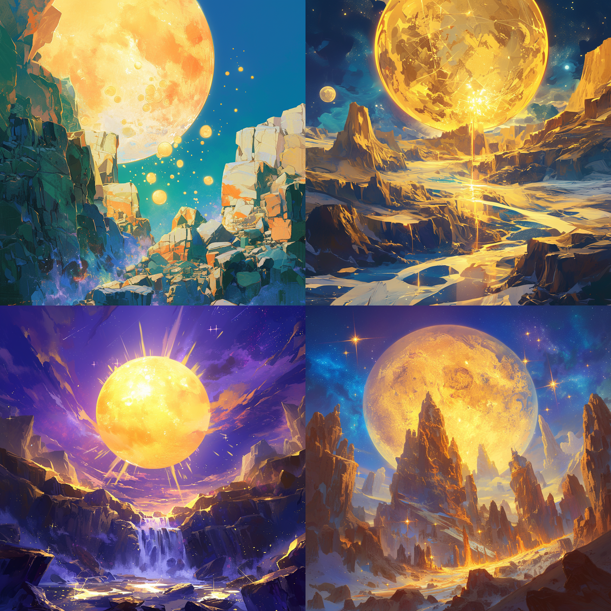 an illustration related to cliffs and cliffs, with a huge golden moon in the background and a yumei style star art group (star) ep on the cover. deep night sky, fluorescence, global lighting, glowing effects, realistic depiction of light, exquisite fantasy world, agnes lawrence pelton, digital painting, warm color scheme, bright color scheme, macaron color scheme, complementary color scheme, sparkling starry sky, night scene, night core, splashing effect, immortal light, ultra wide angle, very detailed cg super high-resolution large file scenery