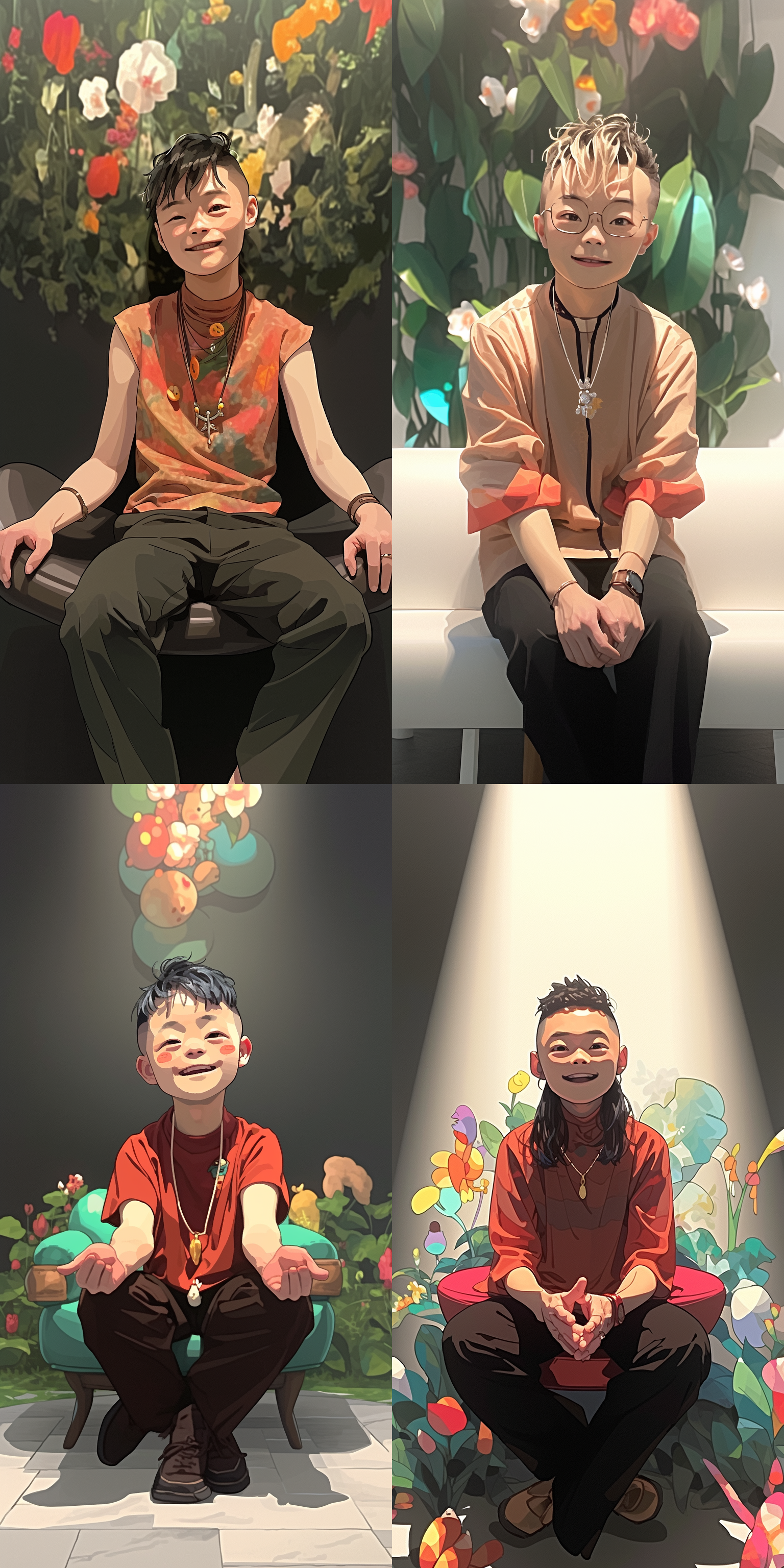 一只可爱的卡通形象站在花园里，背景是鲜艳的花朵和绿树，笑容灿烂，双手握拳。色彩饱满，线条流畅，透视感强，充满童趣。