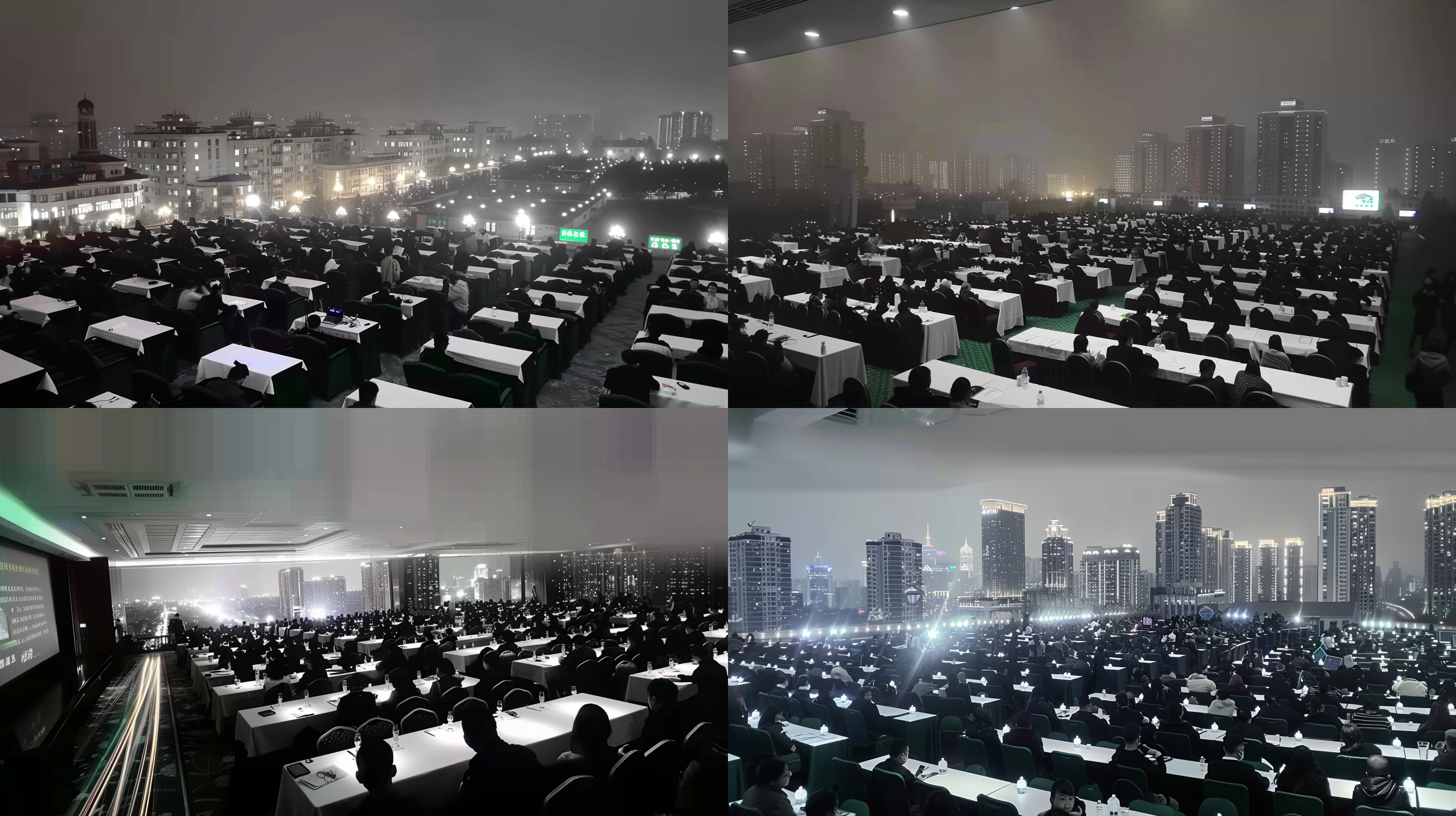 人数减少一半，灯变小，全景，夜晚，城市风景，建筑物，长曝光，模糊效果，高对比度，黑白，寂静，孤独。