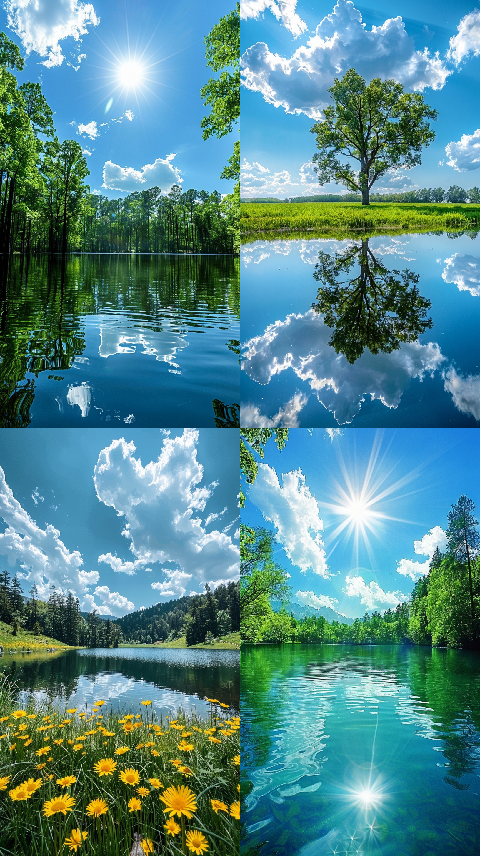 湖畔草地，广角镜头，树林背景，蓝天白云，高清摄影，明亮阳光，湖水倒影，宁静，自然。