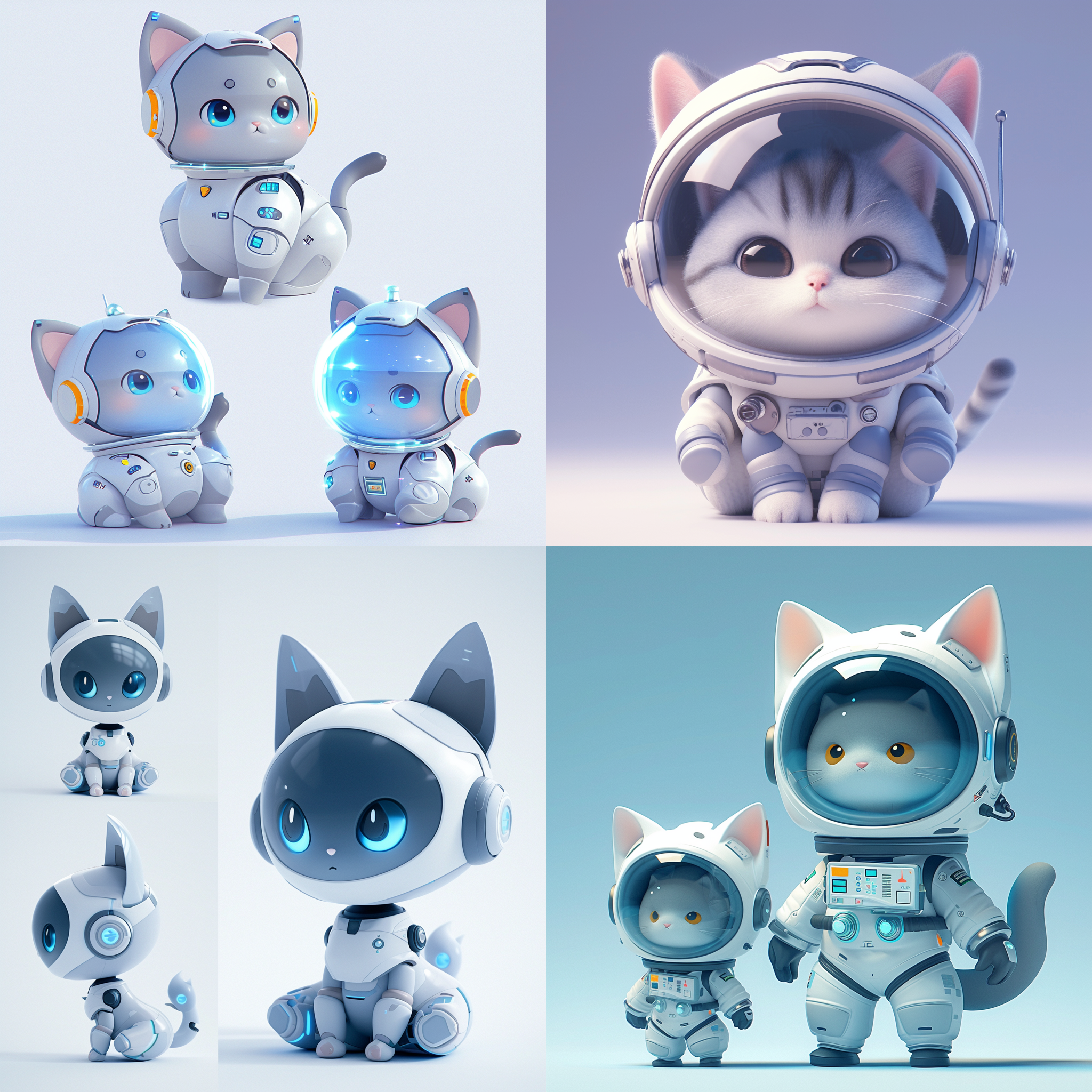 前视图，左视图，右视图，全身，卡通ip，灰色猫，白色宇航员玻璃帽子，科技感，萌萌哒，蹲下，干净背景，pop mart，pixar，ip盲盒，粘土材料，柔和颜色，工作室灯光，octane render，3d，c4d，超高清8k，16:9纵横比。