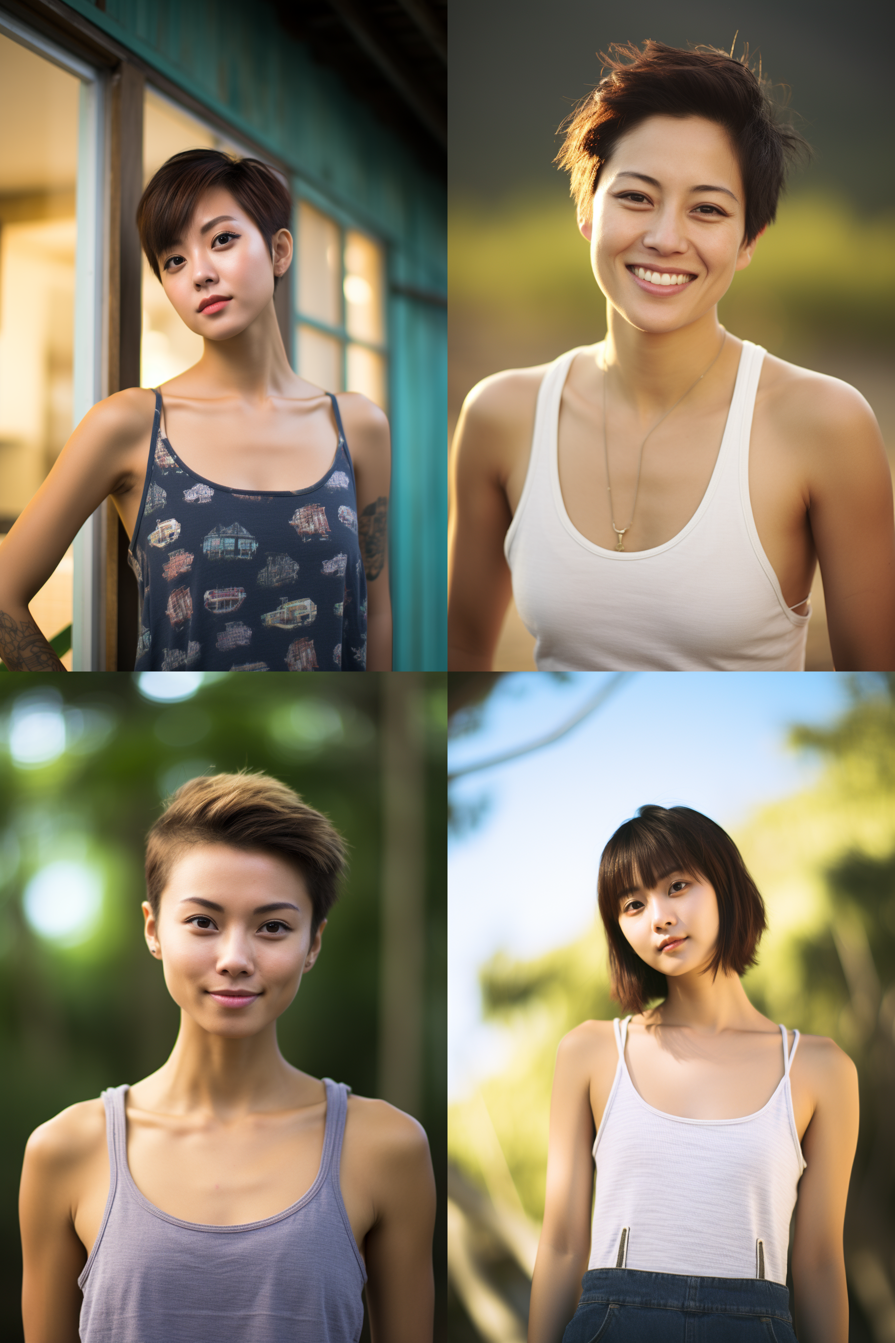 中国短发女孩，穿背心，明亮光线，摄影图 清新自然，户外风景，肖像模式，中焦镜头，微笑，自然姿态，色彩鲜艳，快门优先，放松自然