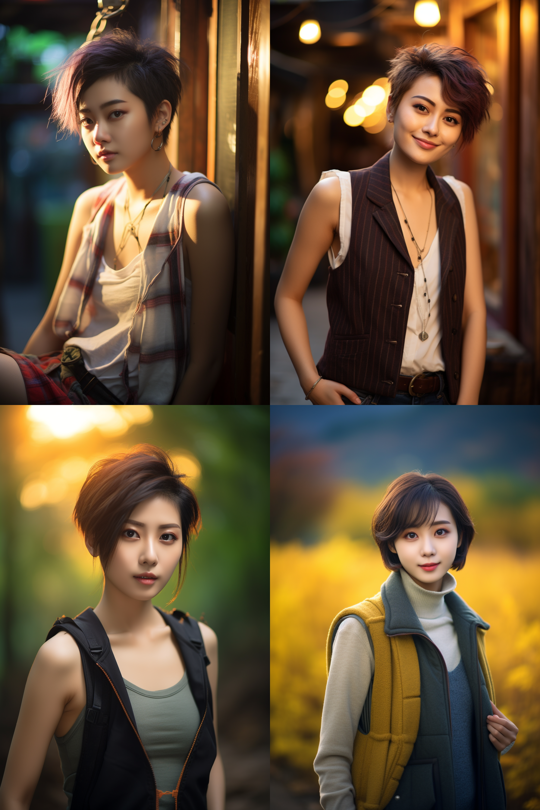 中国短发女孩，穿背心，明亮光线，摄影图 清新自然，户外风景，肖像模式，中焦镜头，微笑，自然姿态，色彩鲜艳，快门优先，放松自然