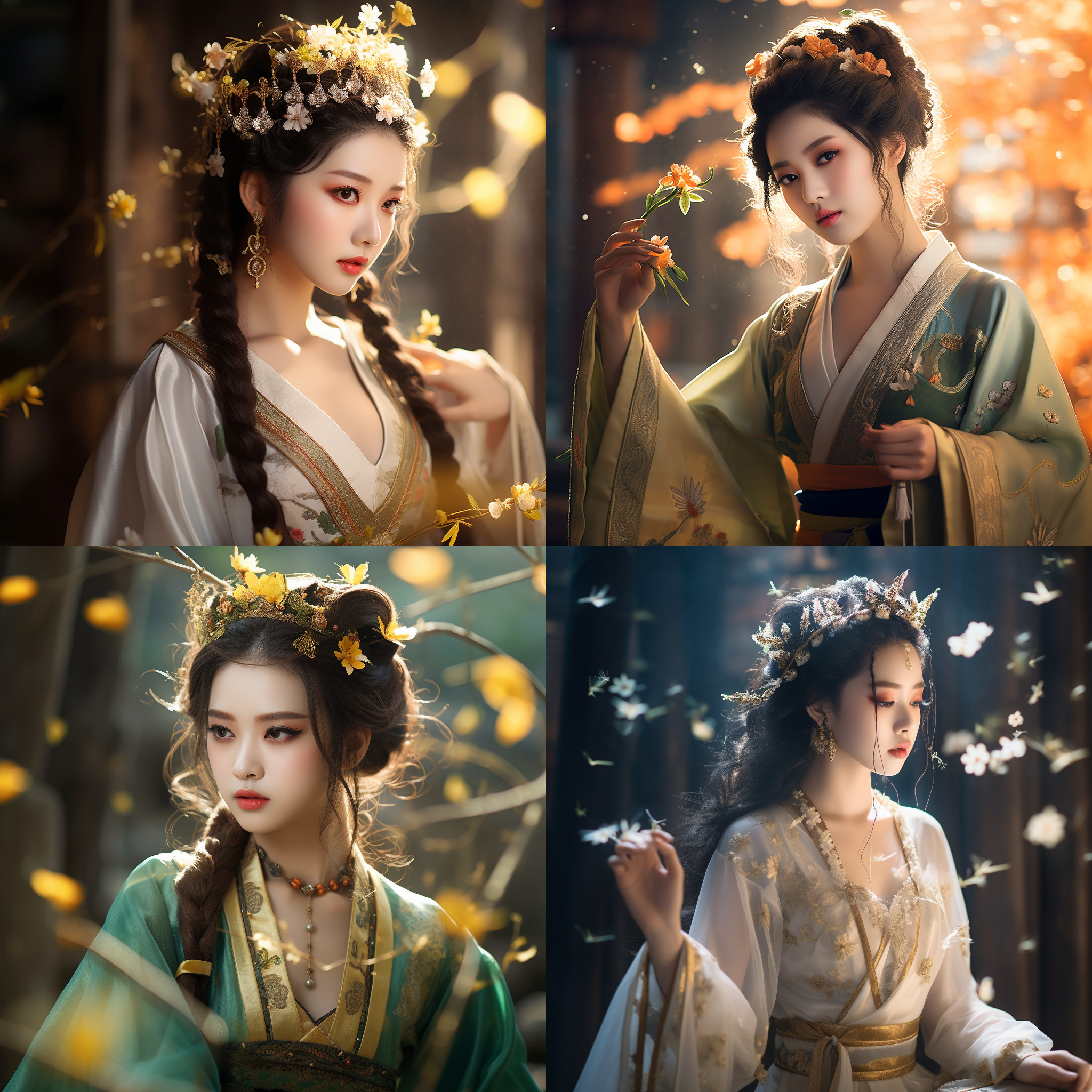 汉服美女，头饰精致，妆容迷人，伸手与蝴蝶起舞，写实，背景是深山内的一处古代风格的大殿, 高清晰度，正面构图，明亮逆光，长焦镜头，柔和色调，优雅动作，古典元素，金色调，宁静。
