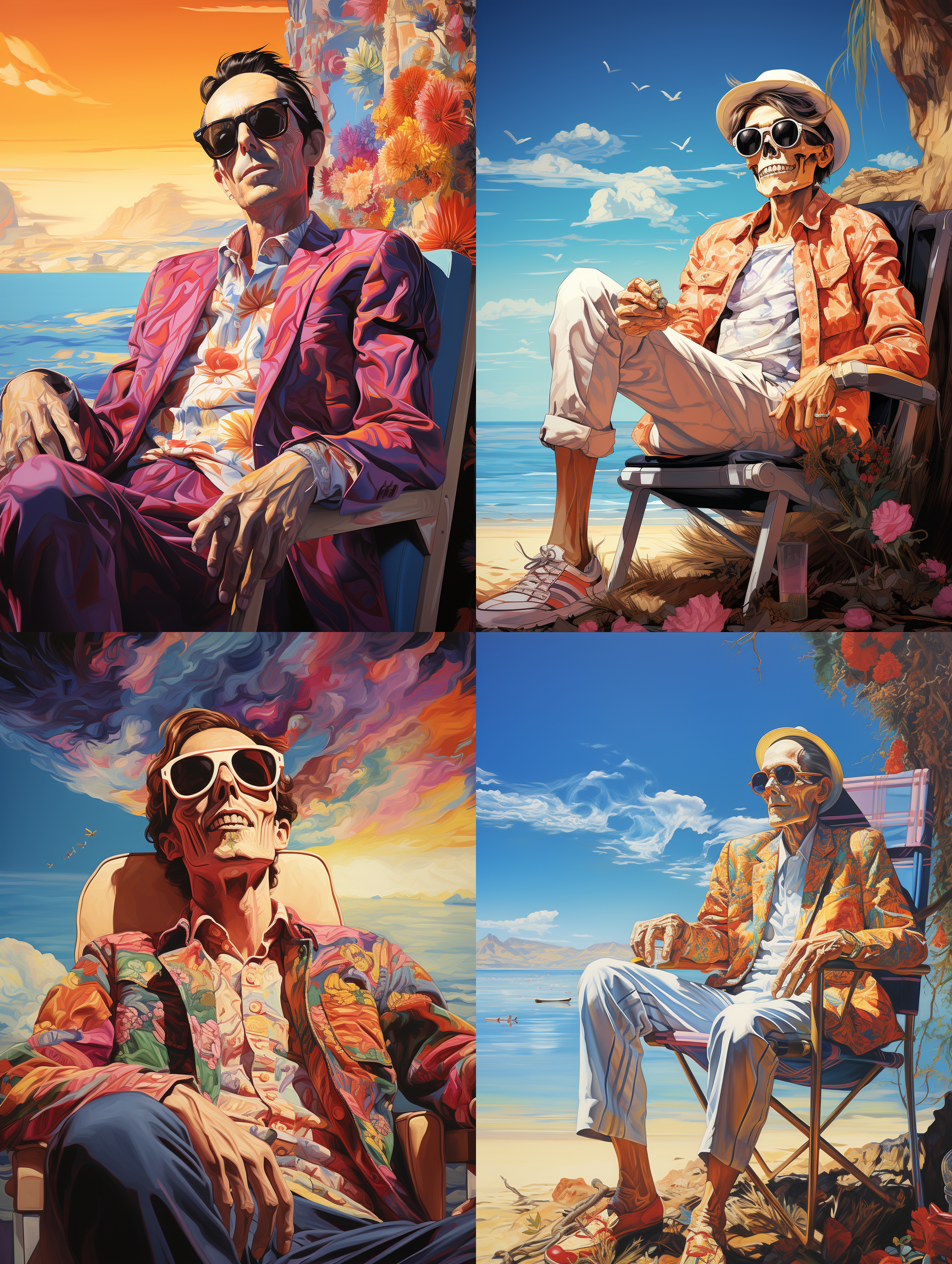 the skeleton man is on vacation by the seaside, sitting on a lounge chair on the beach, wearing short clothes and shorts, holding a cigarette in his mouth. the blue sea water, clear sky, and palm trees are on the beach. the entire scene is colorful,,in clothes