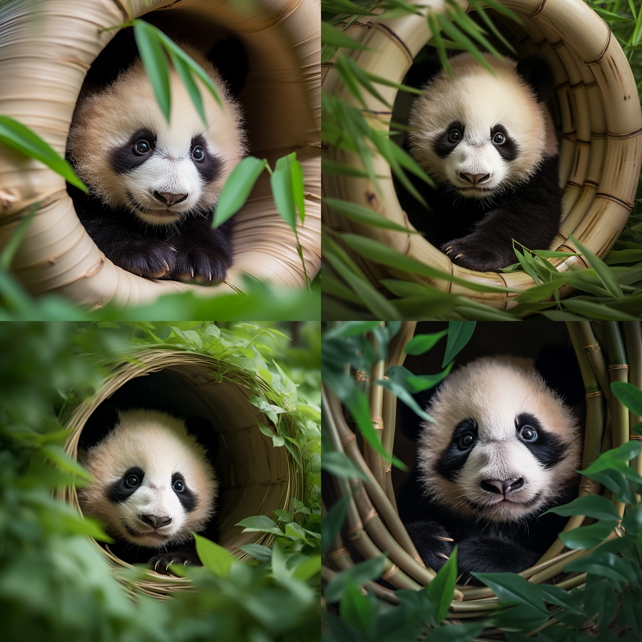 大熊猫宝宝舒适地蜷缩在竹筒里，周围是茂密的绿色竹林。这张照片采用鸟瞰视角，突出了宝宝的可爱和竹林的壮观。照片风格自然真实，捕捉到宝宝的天真表情。竹筒和竹叶的纹理细节清晰可见。竹林的颜色和宝宝的黑白色调形成鲜明对比。竹林中的阳光透过树叶洒在宝宝身上，营造出温暖的氛围。宝宝的眼神充满好奇和亲切。竹筒里装着大熊猫宝宝，鸟瞰视角，竹林，自然真实，可爱，天真，纹理细节，黑白色调，鲜明对比，温暖氛围，好奇，亲切。