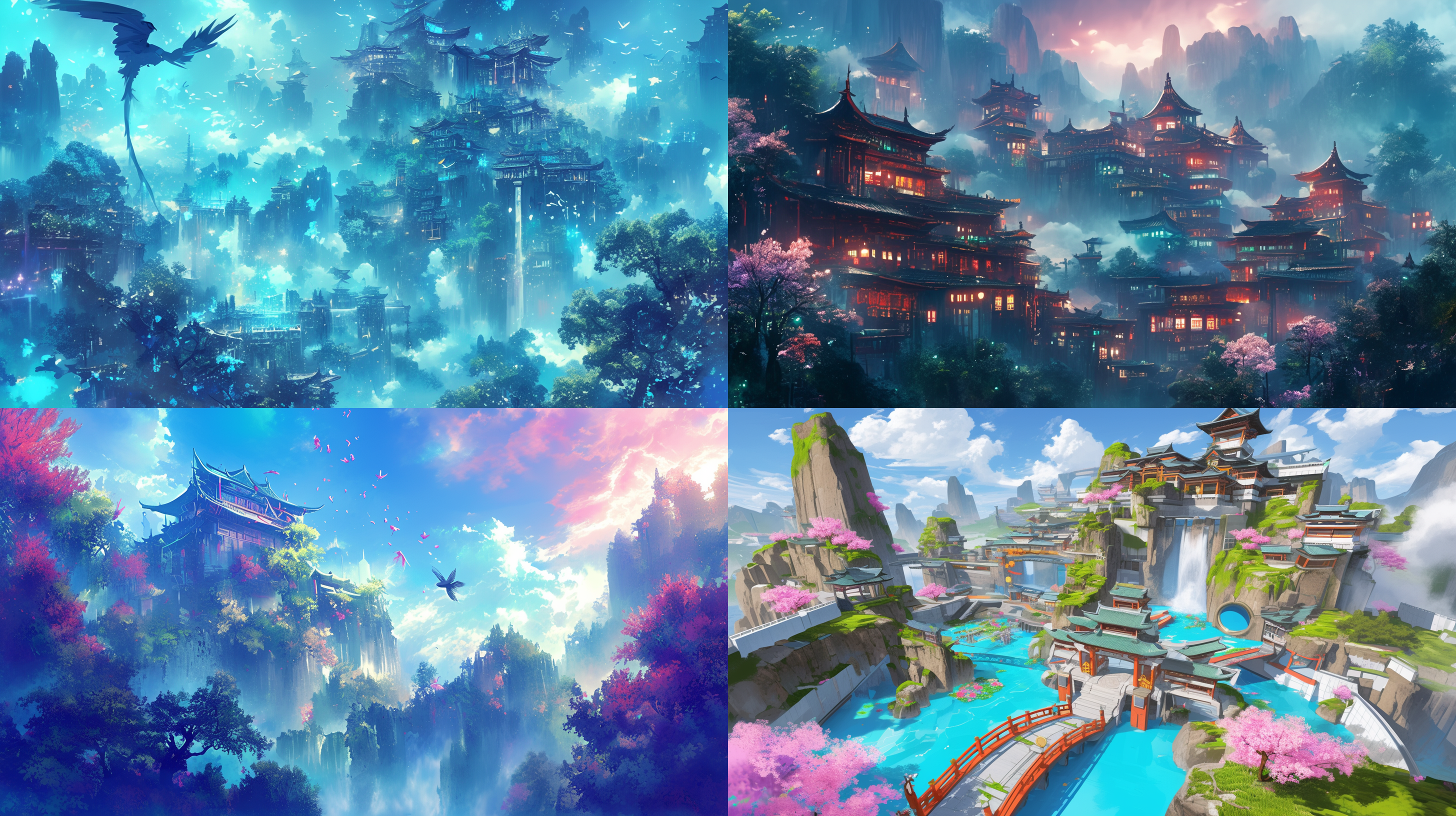 ancient chinese city, bright and majestic, bird's-eye view, intricate details, spectrum, dreamy, dazzling light effects, mirror reflection, falling flowers, lights, delicate texture, wide-angle lens, grand scenery, immortal mountains, fairy trees, and mist