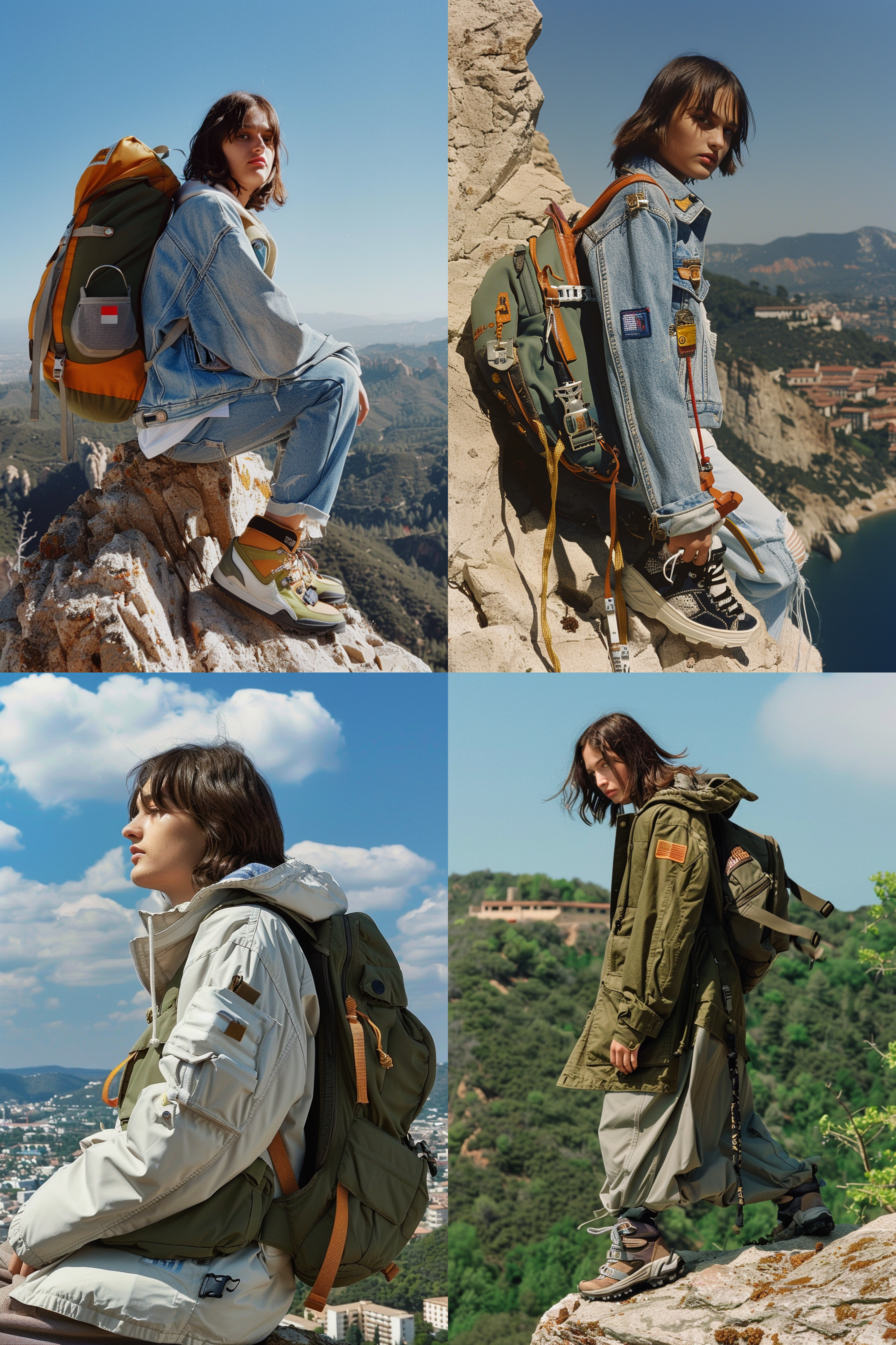 女孩模特侧面，姿势夸张，户外环境，登山鞋，远处凝望，高角度视角，自然光，中焦镜头，动态风格，蓝色调，专注。