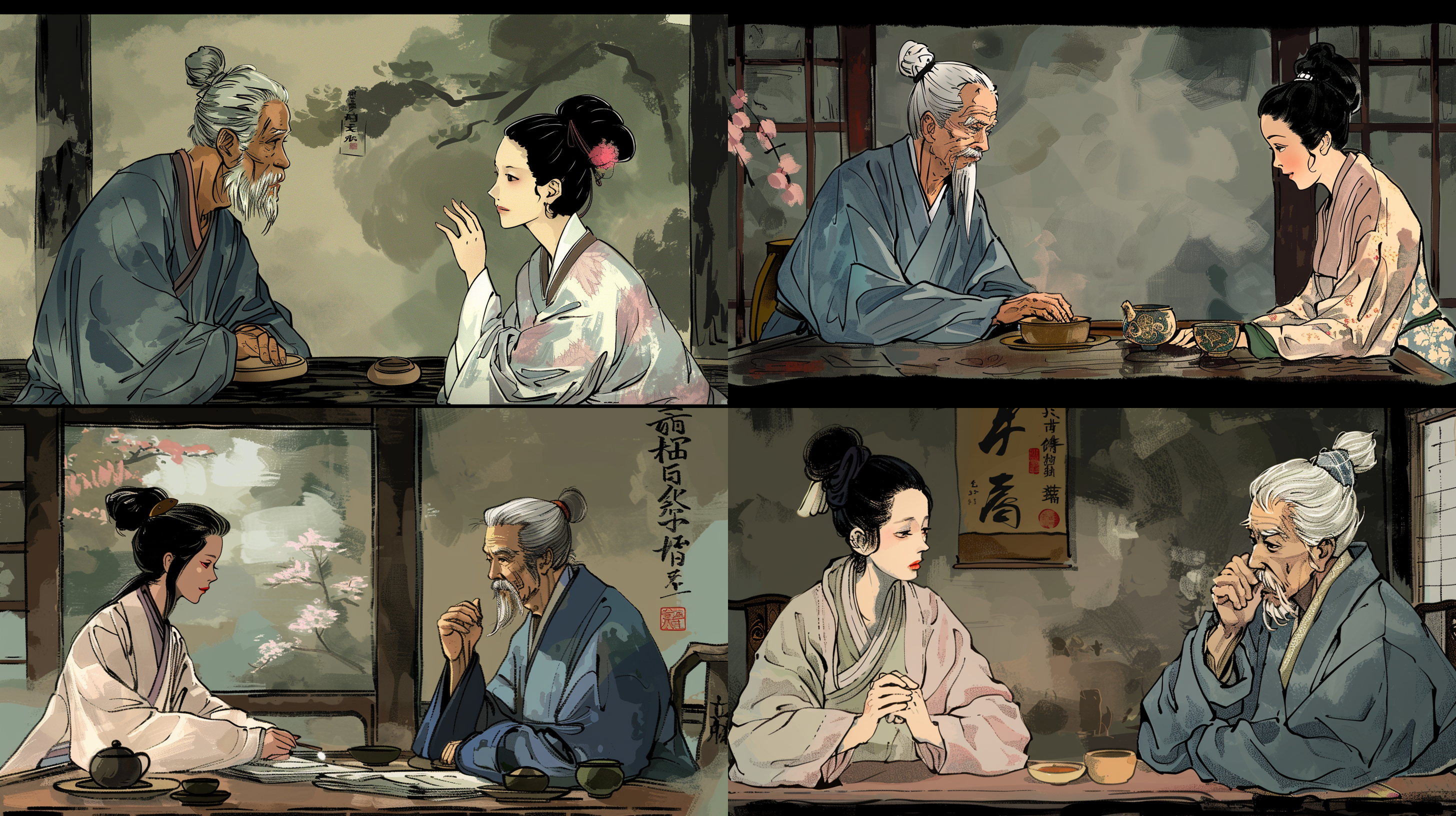 老中医为女患者会诊，全身镜头，右手把脉，女生左手摸脸，场景在药馆，中医专注神情，古代服饰，干净背景，全景，q版插画，扁平插画，古典色调，细节描绘，肖像风格。