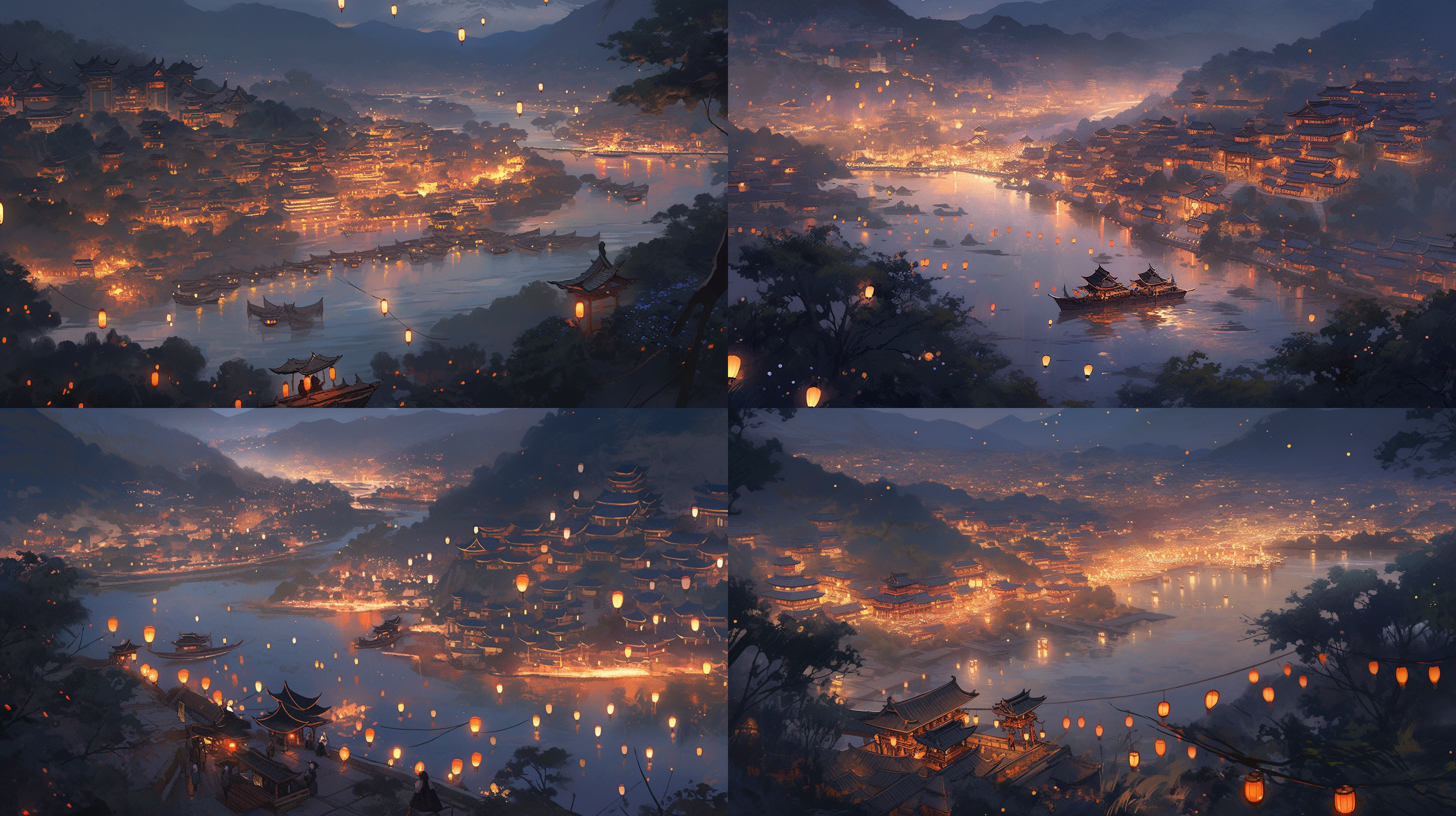 中国古城，明亮大气，鸟瞰，细节细致，光谱，梦幻，绚丽光效，镜面反射，落花，灯光，细腻质感，广角镜头，大场景，仙山，仙树，云雾